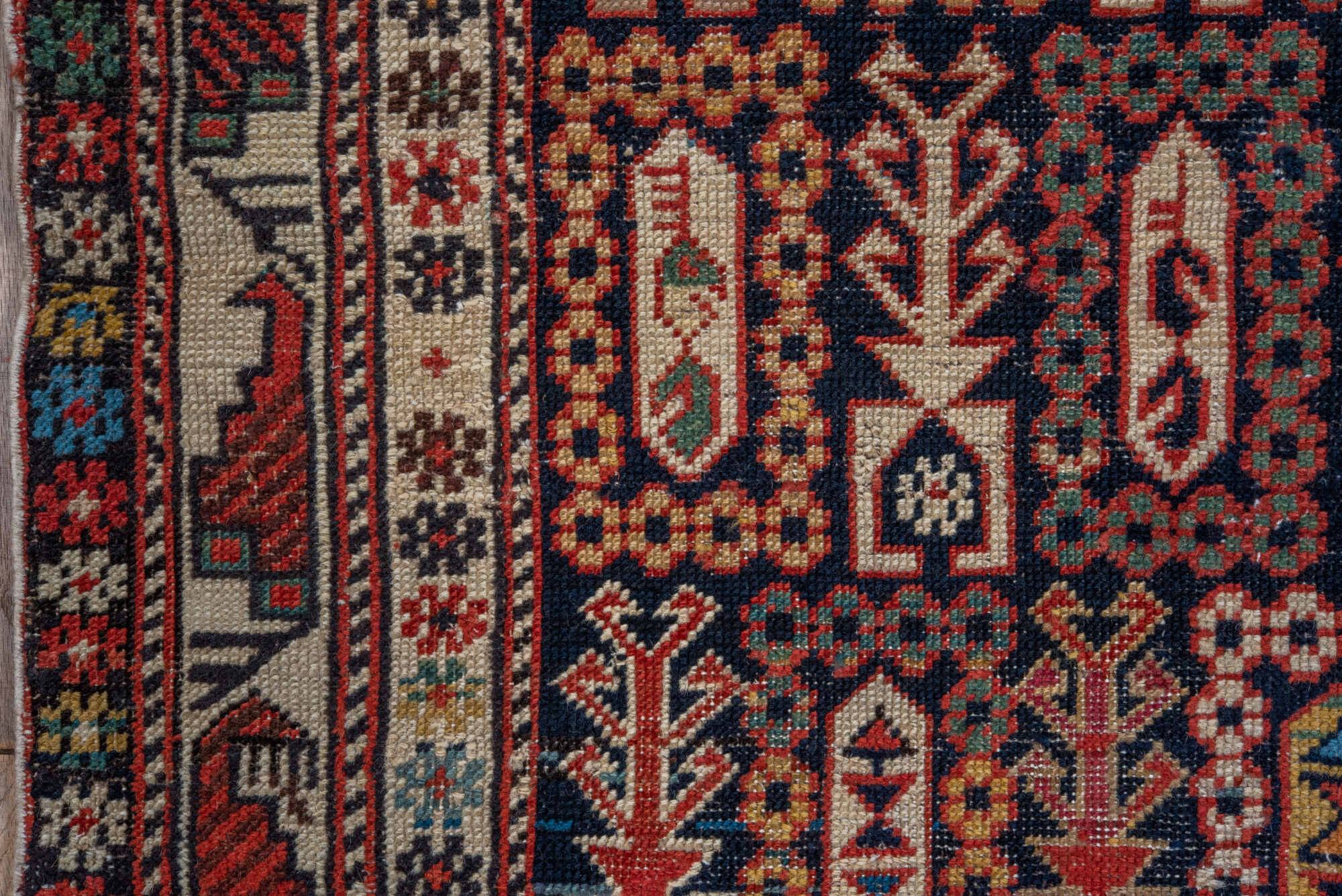 3' x 4' one-of-a-kind handmade vintage Shirvan small size rug. Color palette: black, blue, brown, gray, red