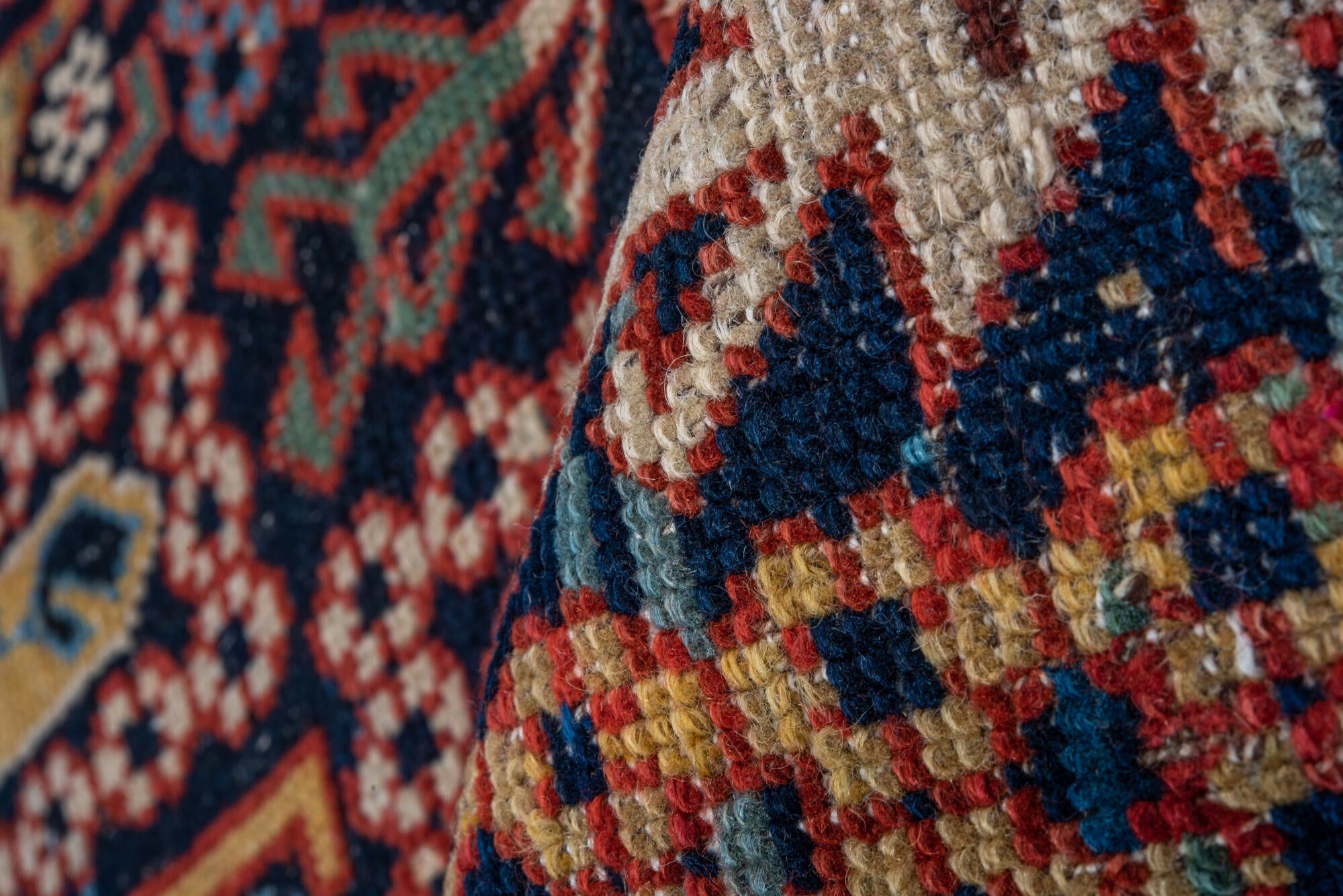 3' x 4' one-of-a-kind handmade vintage Shirvan small size rug. Color palette: black, blue, brown, gray, red