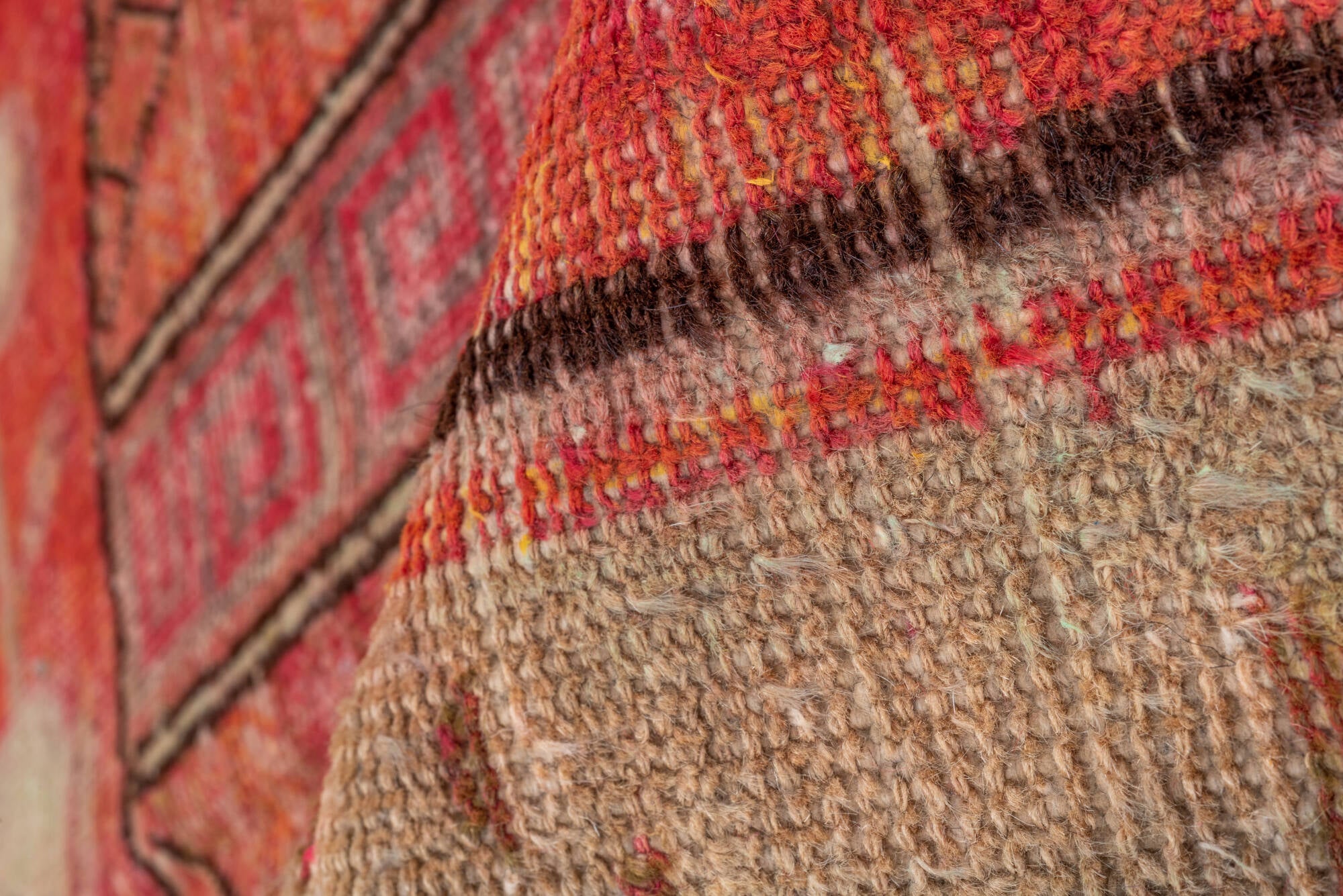 5' x 10' one-of-a-kind handmade vintage Khotan runner rug. Color palette: brown, fire brick, light coral, off-white, pink