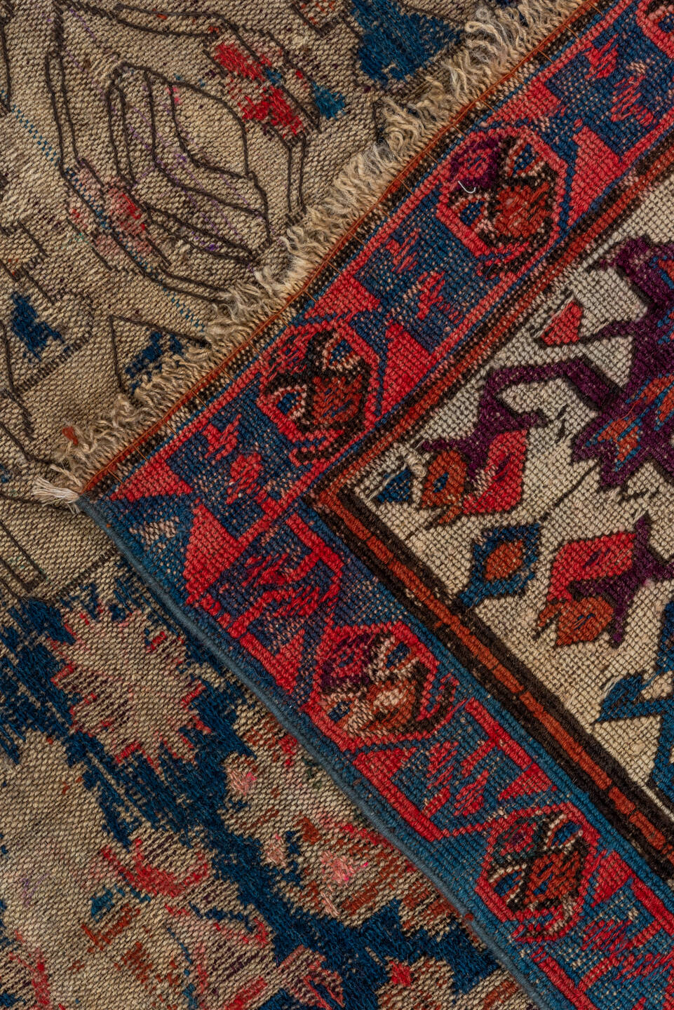 5' x 9' one-of-a-kind handmade vintage Sumak medium size rug. Color palette: brown, red, gray, black, blue, pink, charcoal