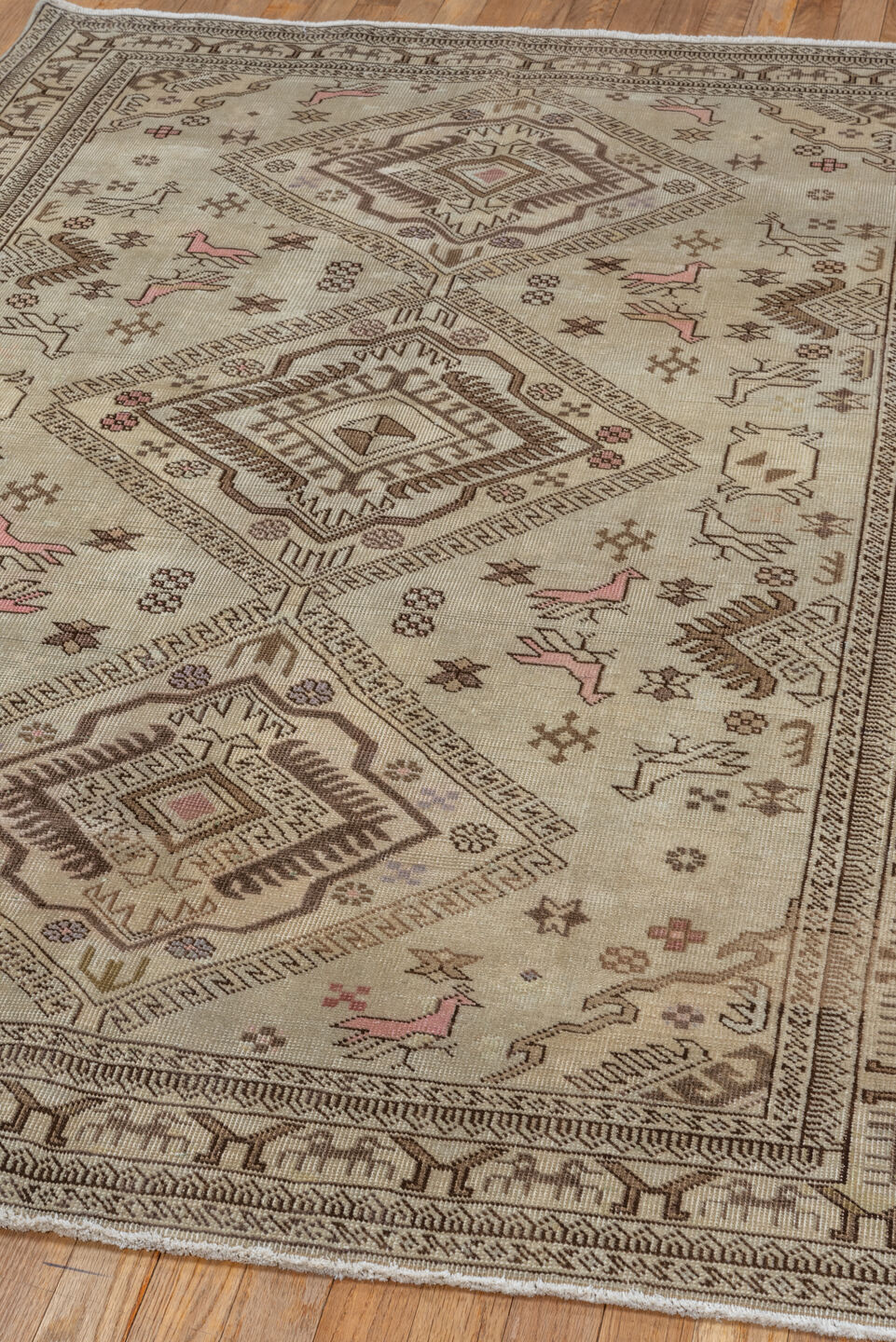 4' x 6' one-of-a-kind handmade vintage  small size rug. Color palette: gray, brown, light gray, off-white, pink, orange