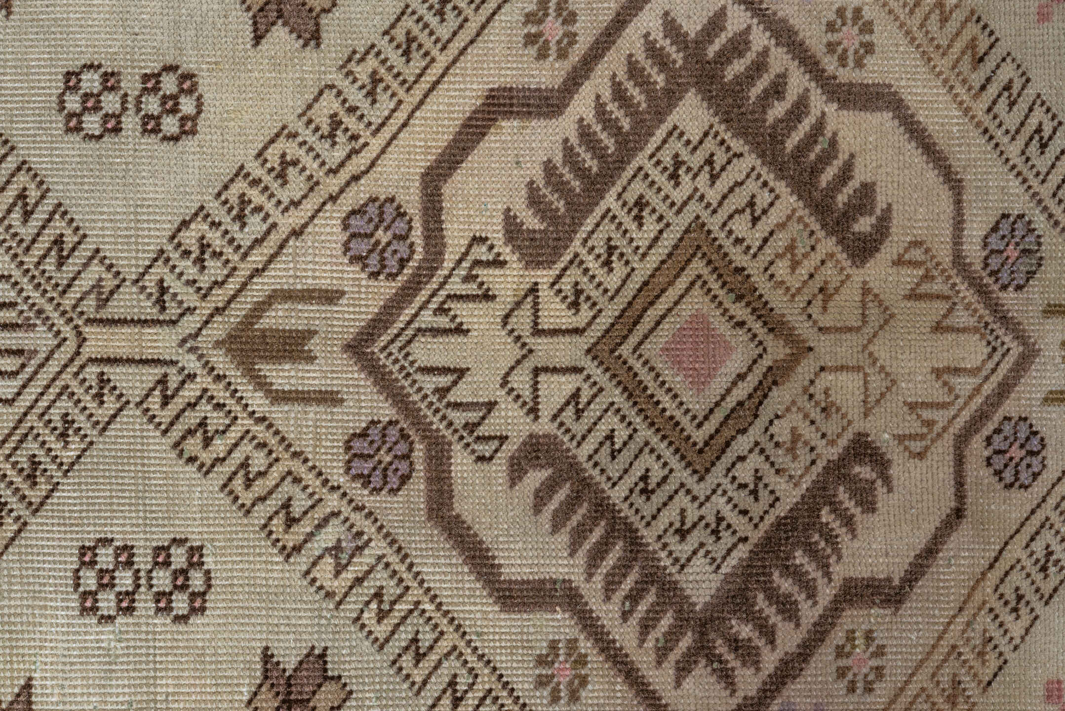 4' x 6' one-of-a-kind handmade vintage  small size rug. Color palette: gray, brown, light gray, off-white, pink, orange