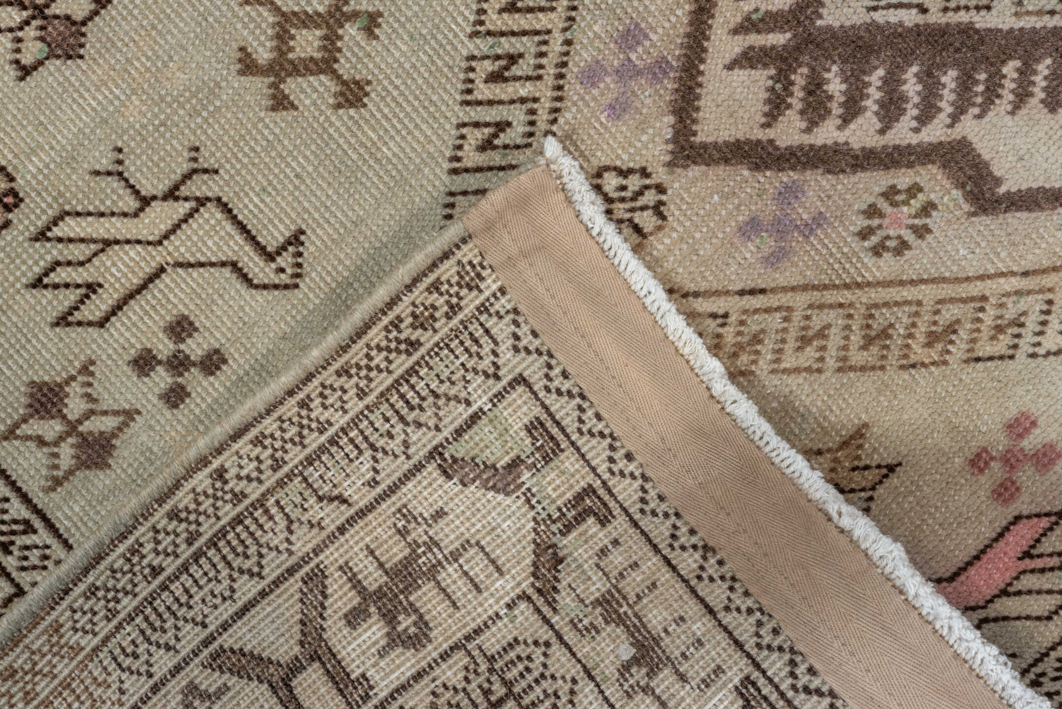 4' x 6' one-of-a-kind handmade vintage  small size rug. Color palette: gray, brown, light gray, off-white, pink, orange