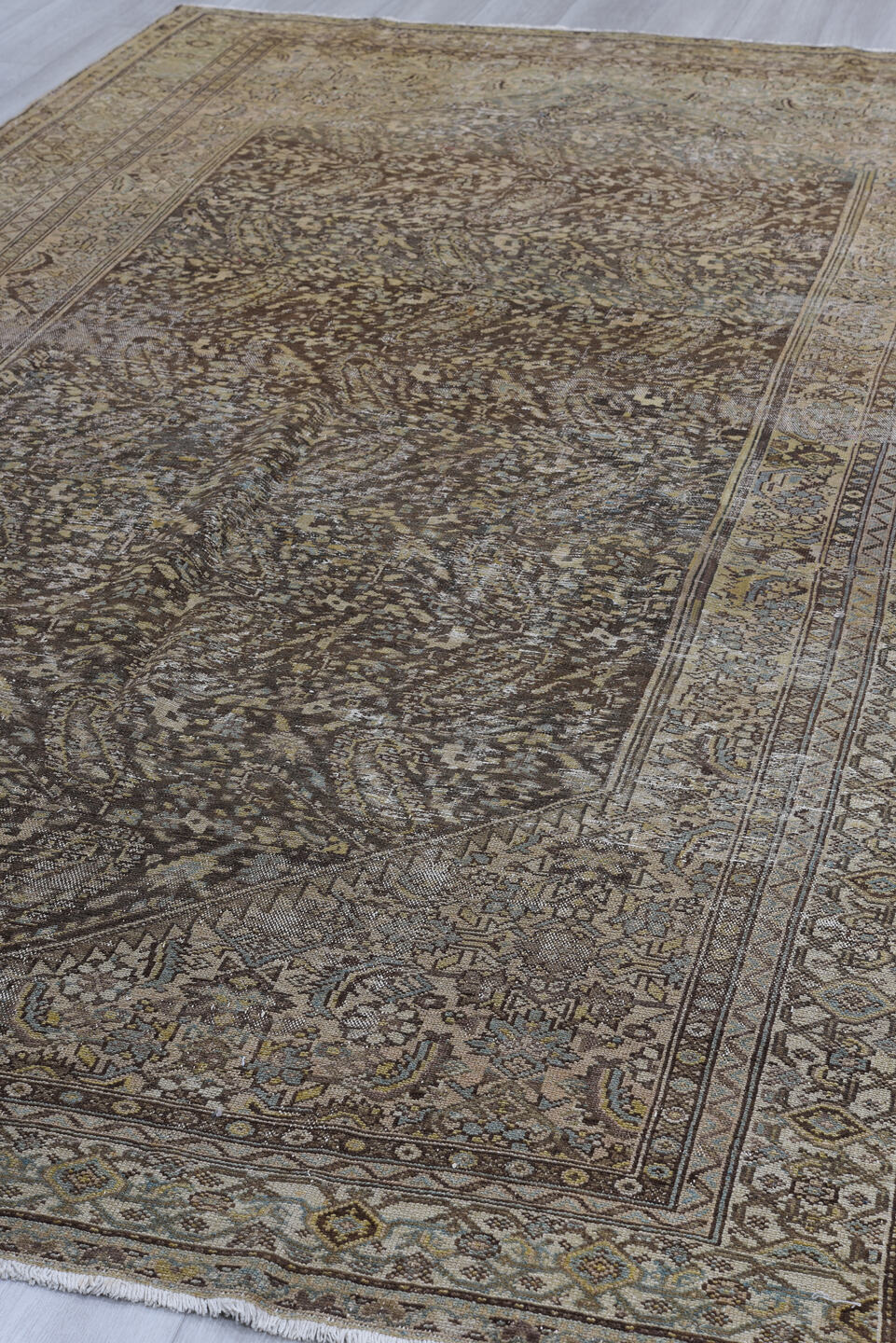 6' x 11' one-of-a-kind handmade vintage Malayer large size rug. Color palette: gray, black, off-white, light gray, brown