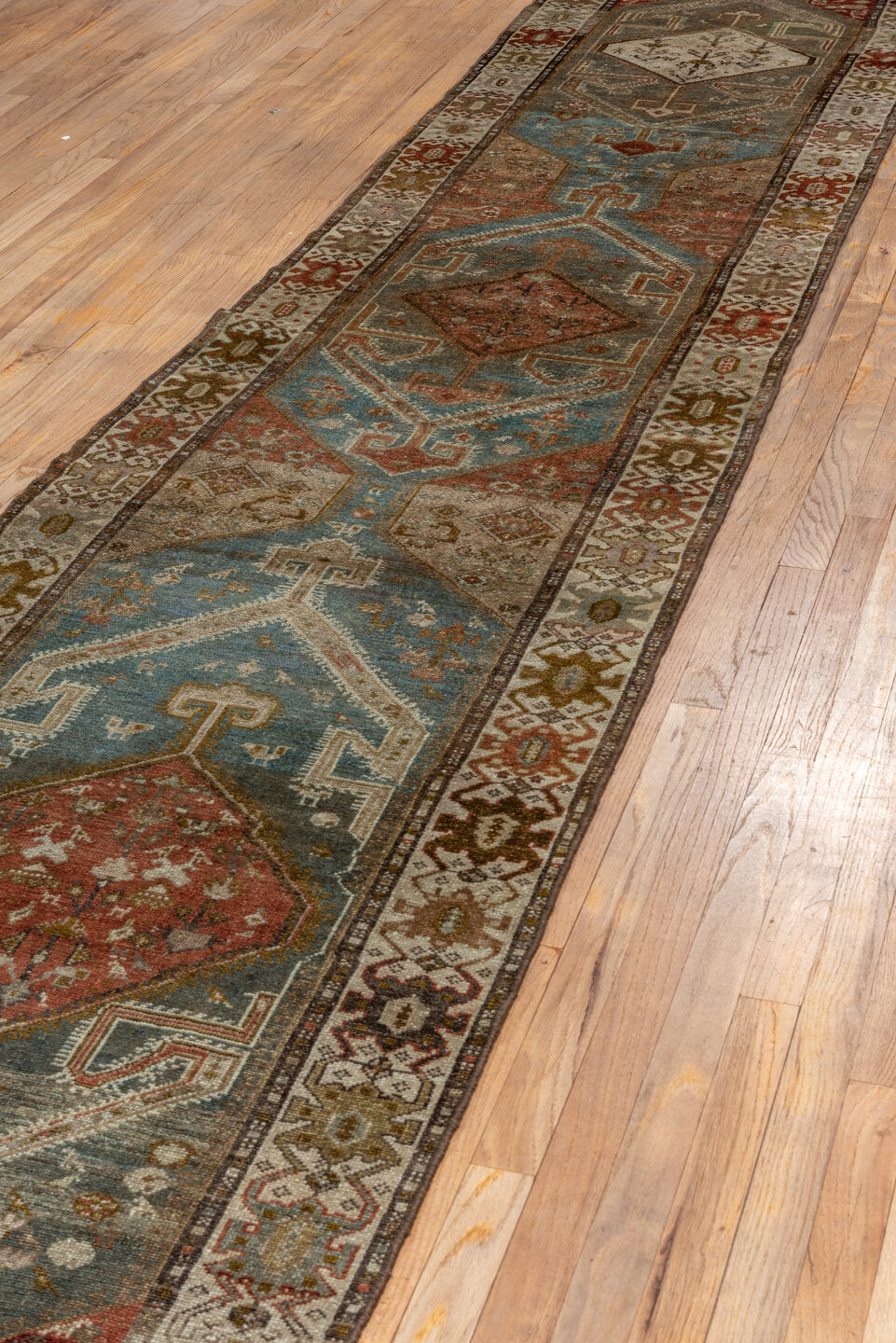 2' x 14' one-of-a-kind handmade vintage Malayer runner rug. Color palette: brown, gray, black, off-white, white, snow