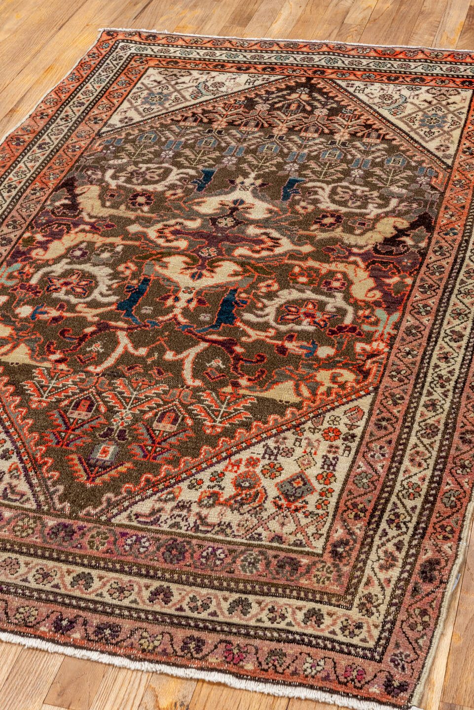 3' x 5' one-of-a-kind handmade vintage Malayer small size rug. Color palette: brown, orange, off-white, pink, red, black