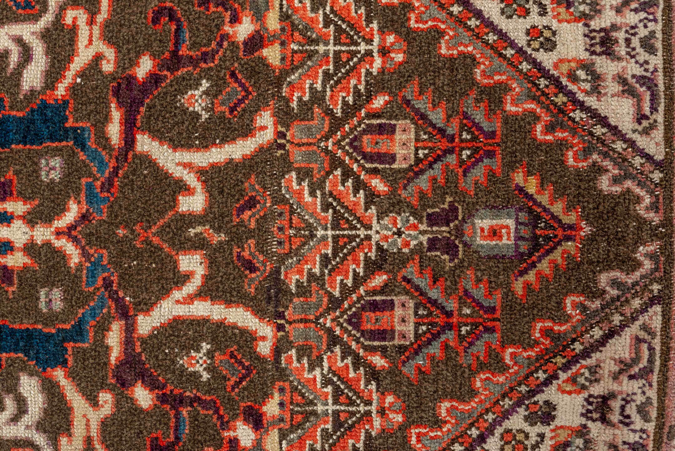 3' x 5' one-of-a-kind handmade vintage Malayer small size rug. Color palette: brown, orange, off-white, pink, red, black
