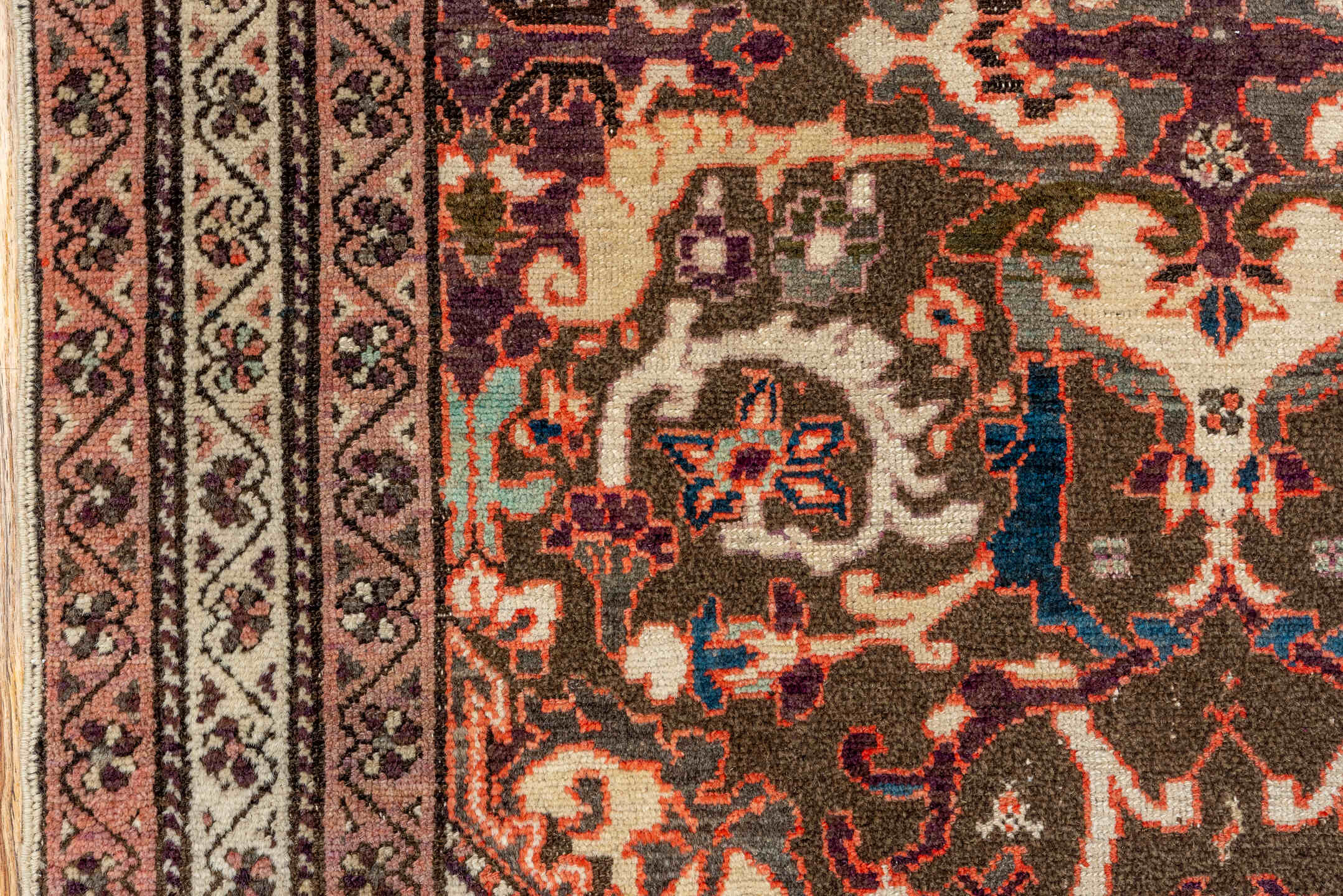 3' x 5' one-of-a-kind handmade vintage Malayer small size rug. Color palette: brown, orange, off-white, pink, red, black
