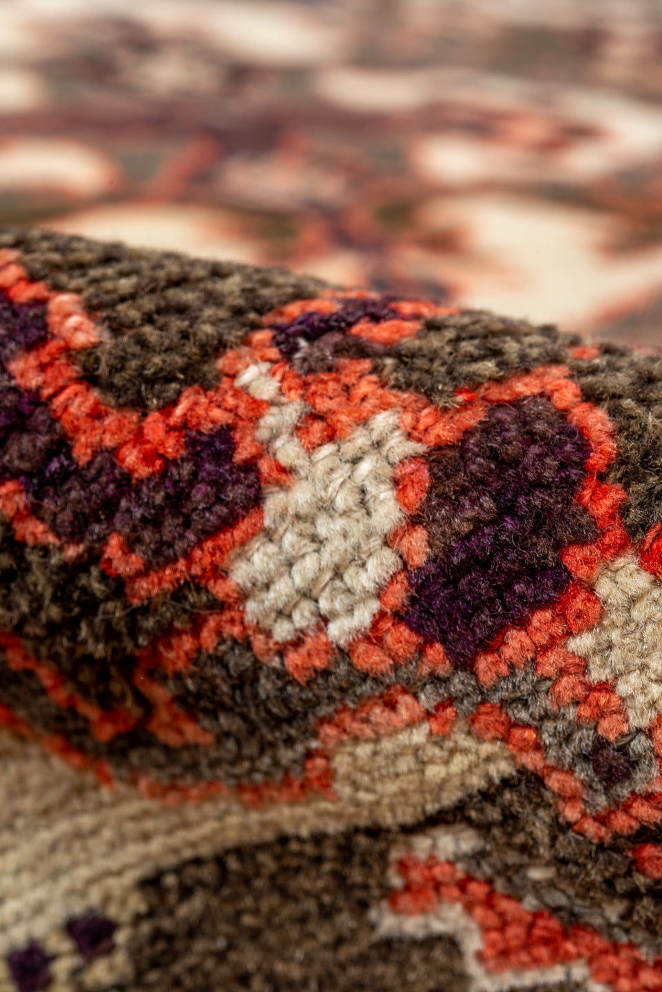 3' x 5' one-of-a-kind handmade vintage Malayer small size rug. Color palette: brown, orange, off-white, pink, red, black