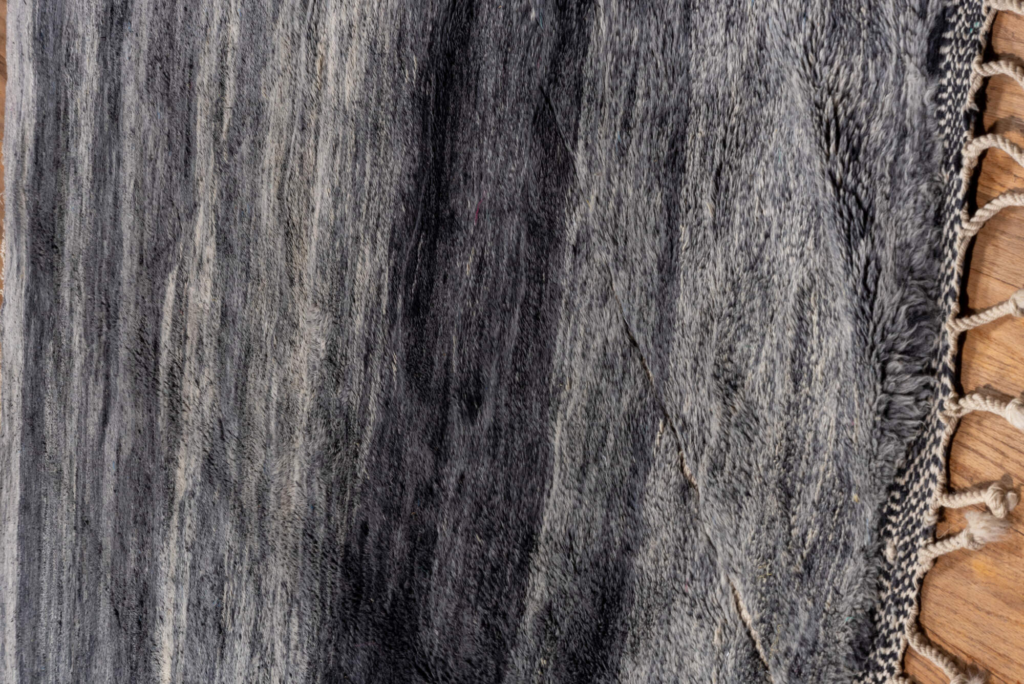 11' x 14' one-of-a-kind handmade vintage Moroccan oversize rug. Color palette: black, blue, charcoal, dark gray, dim gray