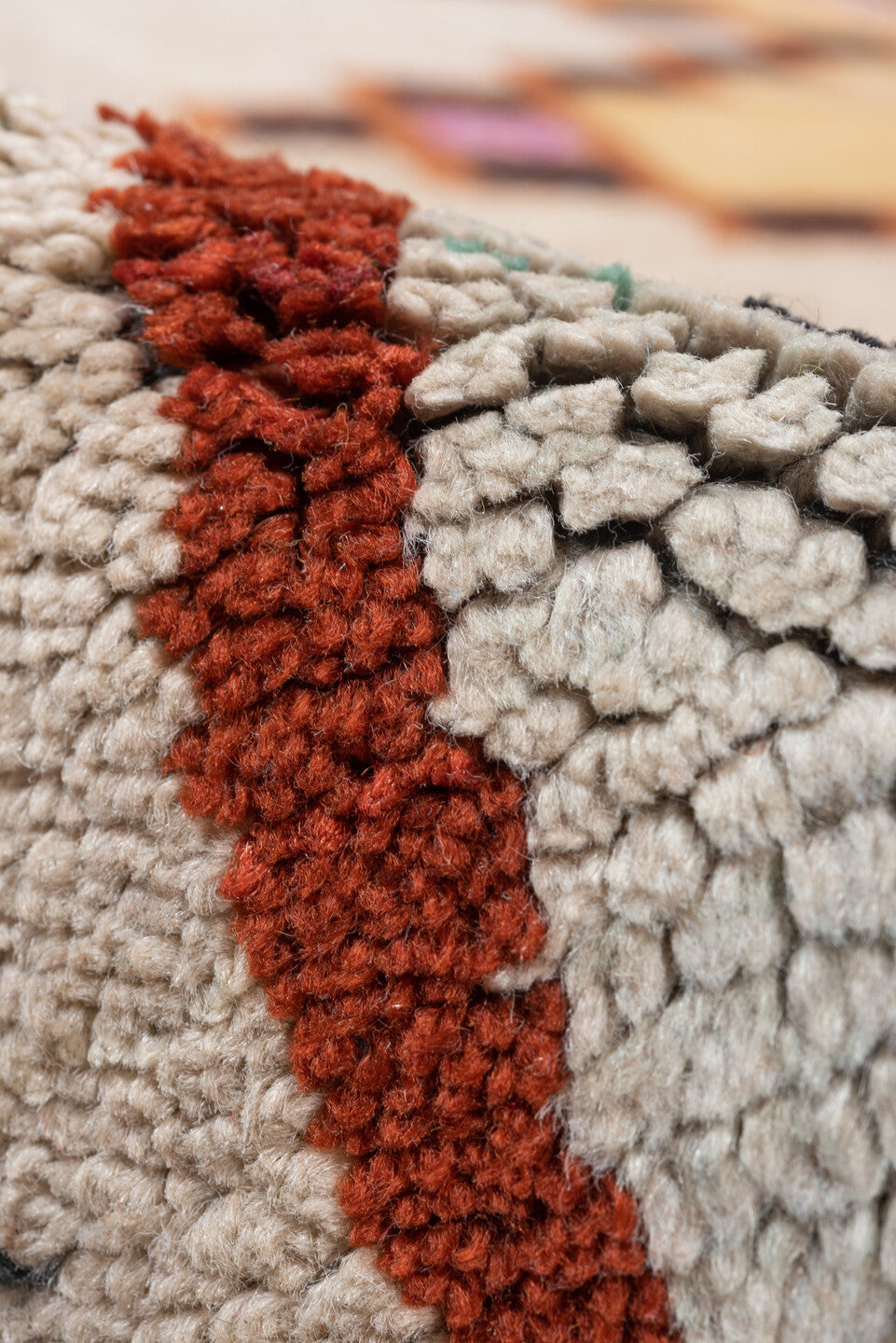 7' x 12' one-of-a-kind handmade vintage Moroccan large size rug. Color palette: gray, black, brown, red, blue, orange