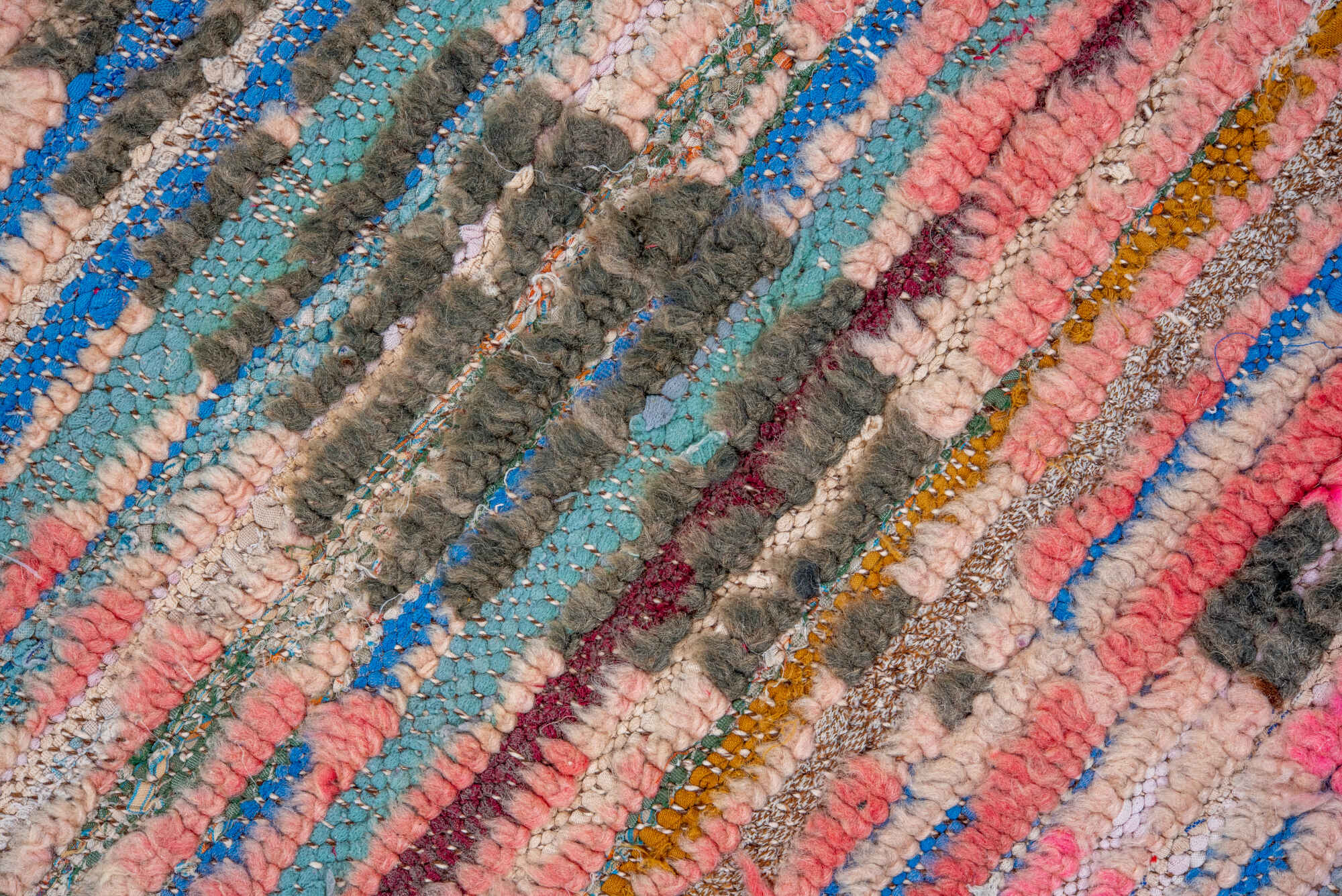 4' x 6' one-of-a-kind handmade vintage Moroccan small size rug. Color palette: blue, brown, gray, light gray, off-white