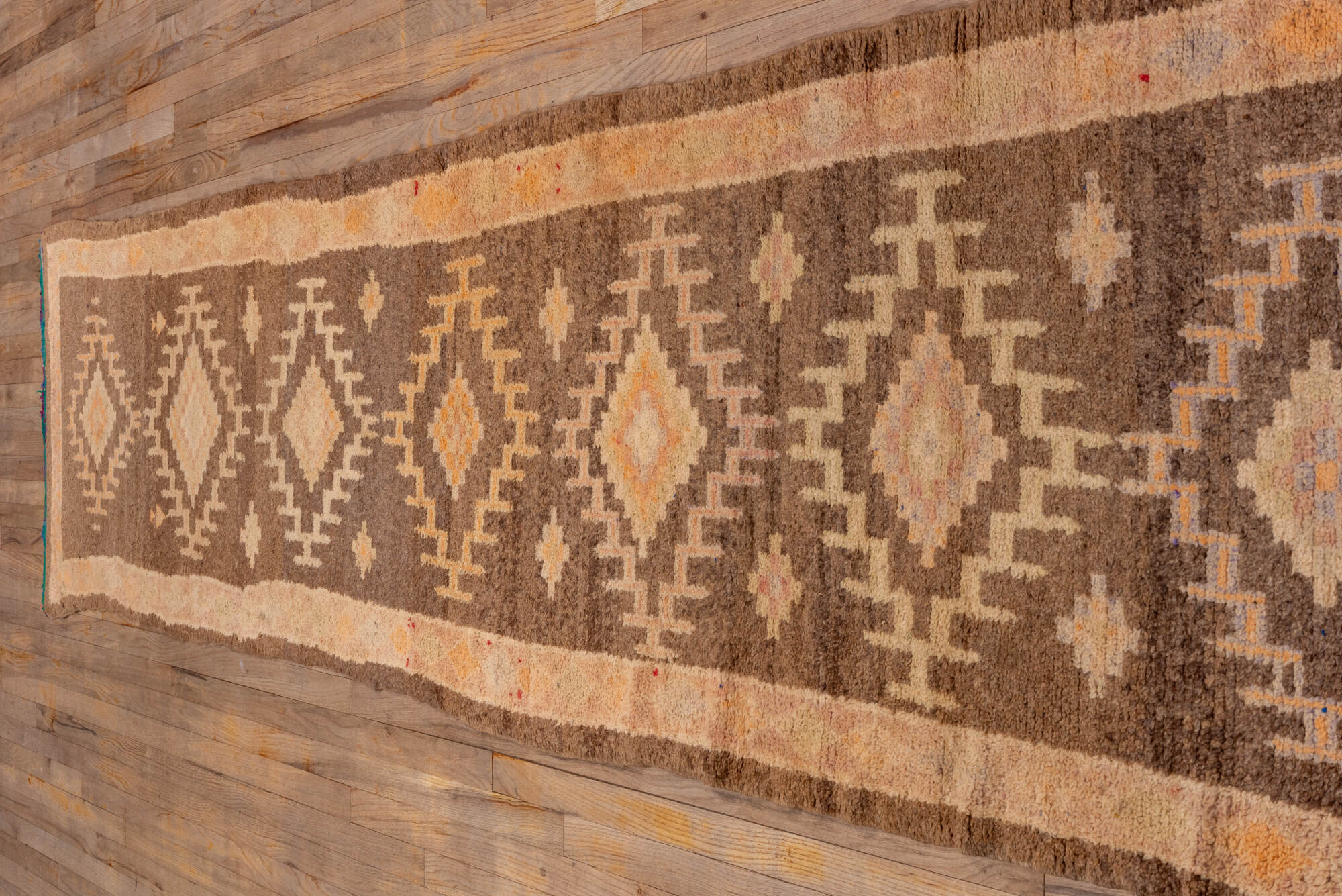 2' x 14' one-of-a-kind handmade vintage Moroccan runner rug. Color palette: blue, brown, off-white, orange, pink, snow