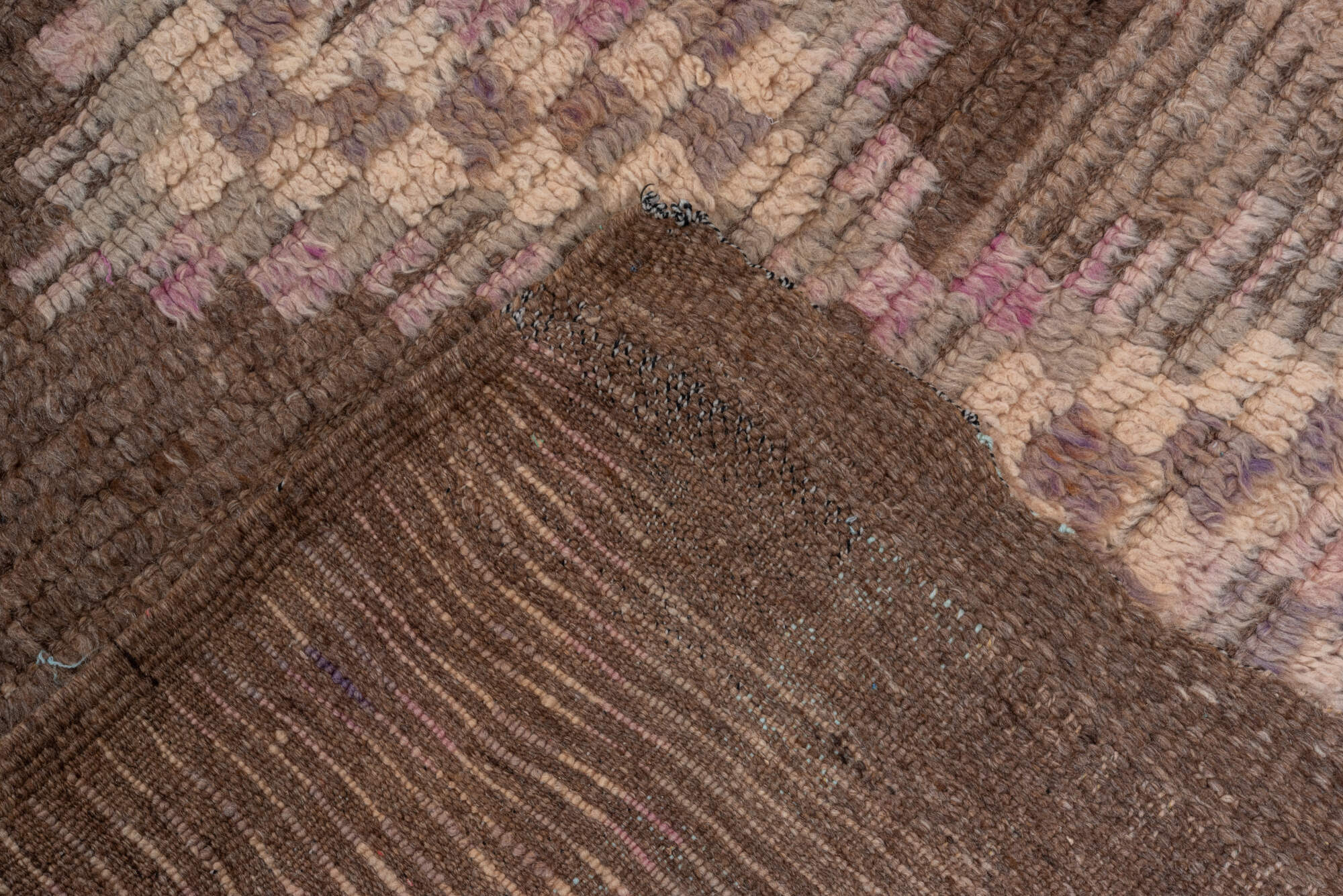 3' x 14' one-of-a-kind handmade vintage Moroccan runner rug. Color palette: brown, orange, pink