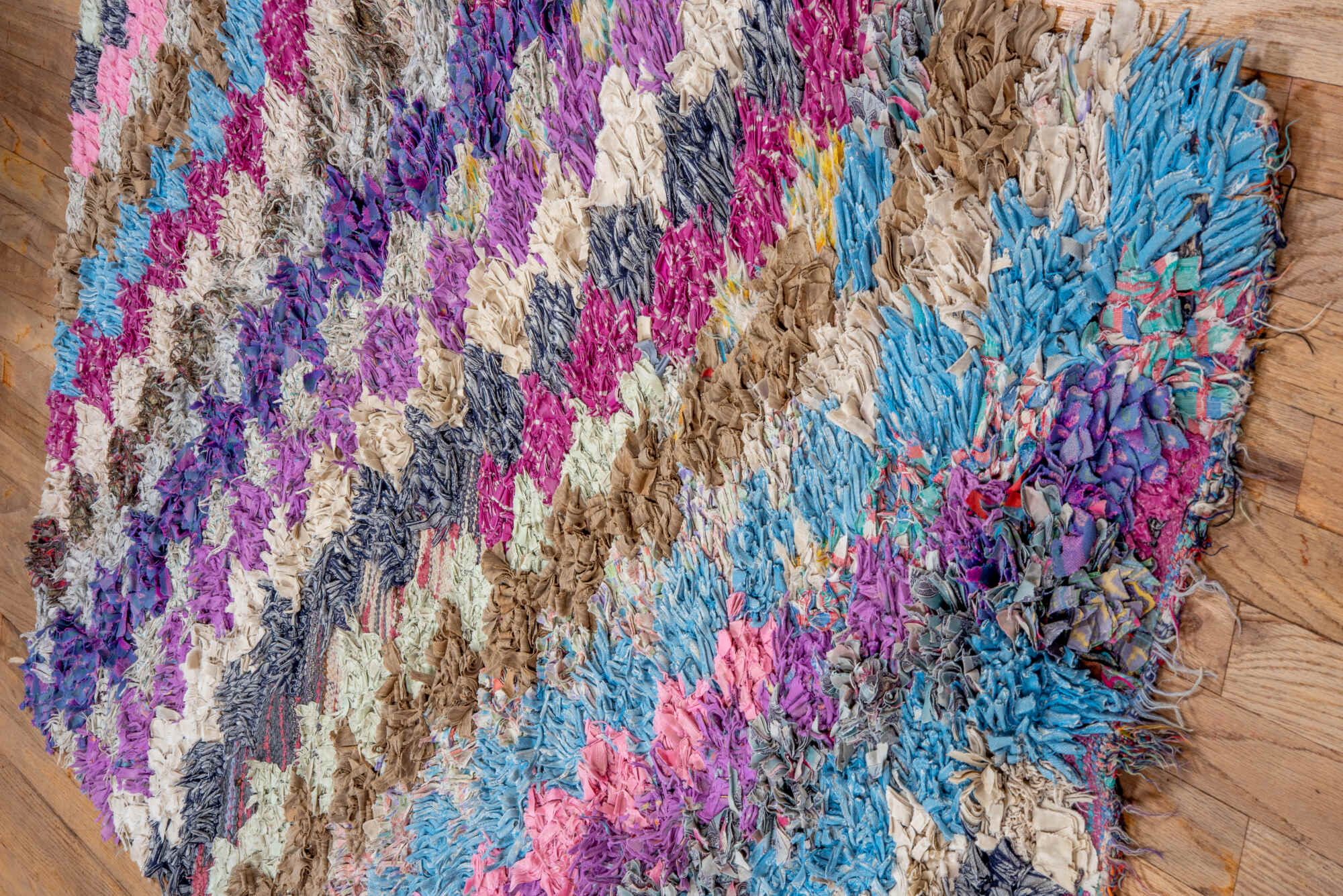 3' x 5' one-of-a-kind handmade vintage Rag Rug small size rug. Color palette: blue, gray, light blue, light gray, off-white