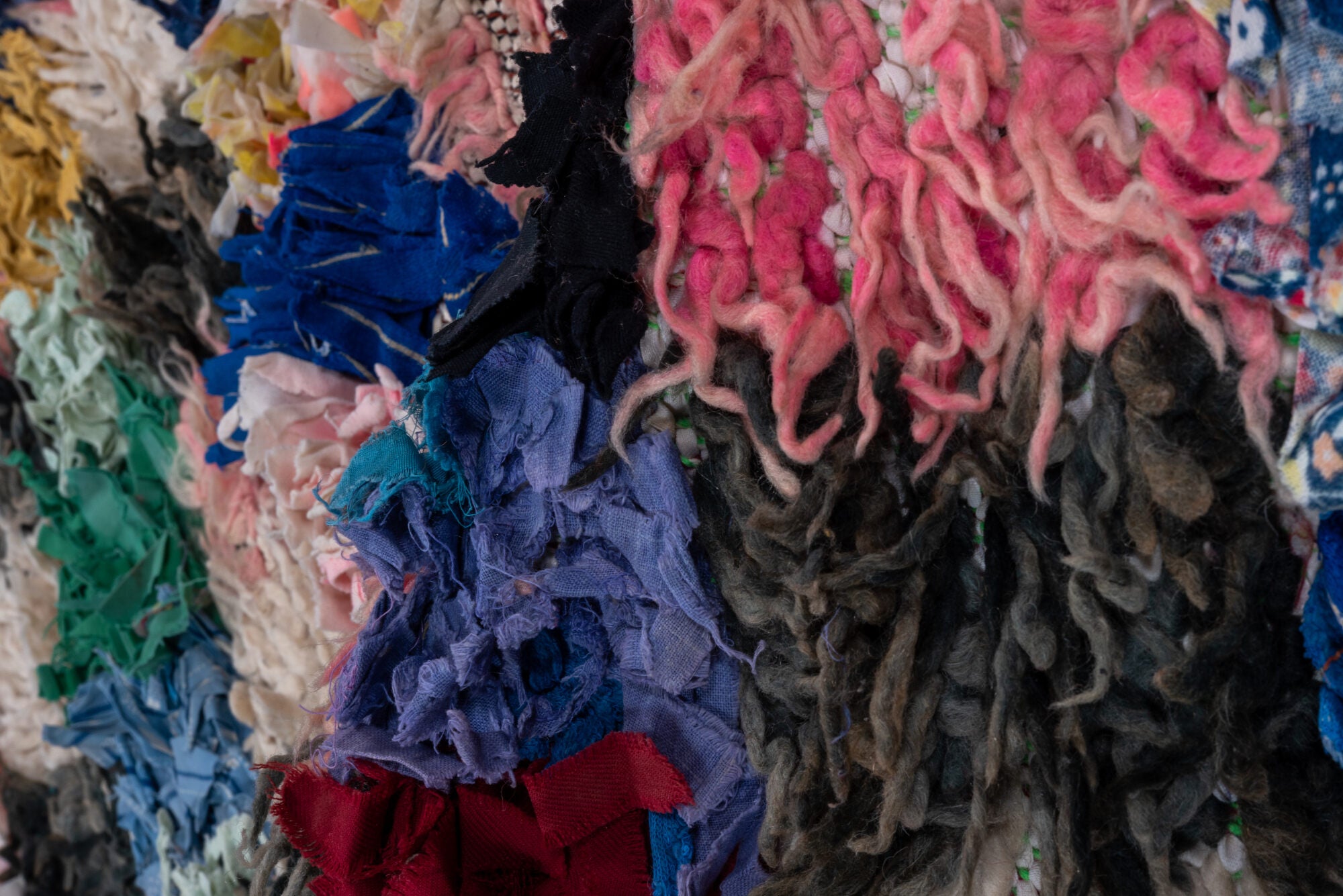 3' x 5' one-of-a-kind handmade vintage Rag Rug small size rug. Color palette: blue, brown, burgundy, fire brick, gray, green