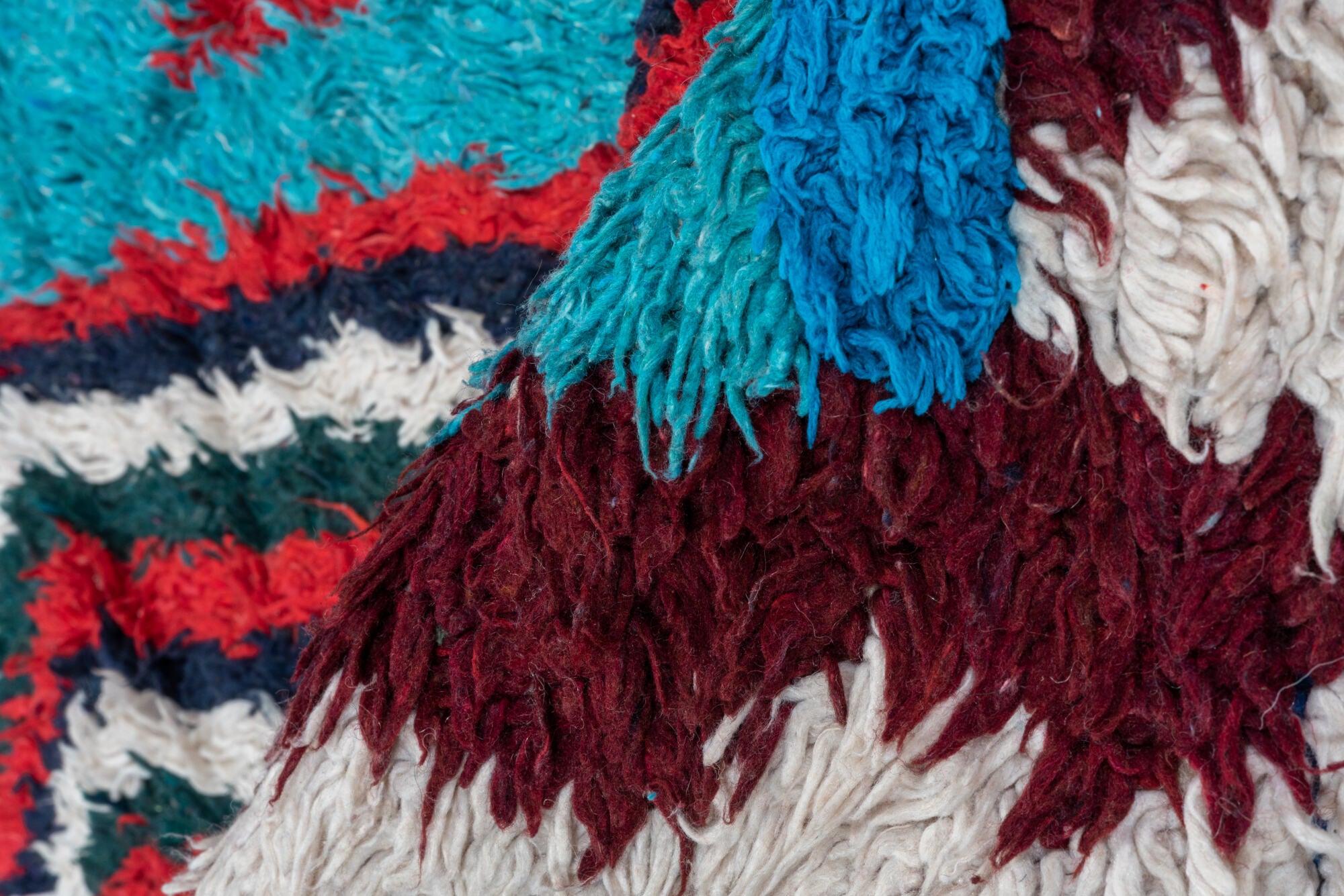 3' x 6' one-of-a-kind handmade vintage Rag Rug small size rug. Color palette: black, blue, brown, gray, light gray