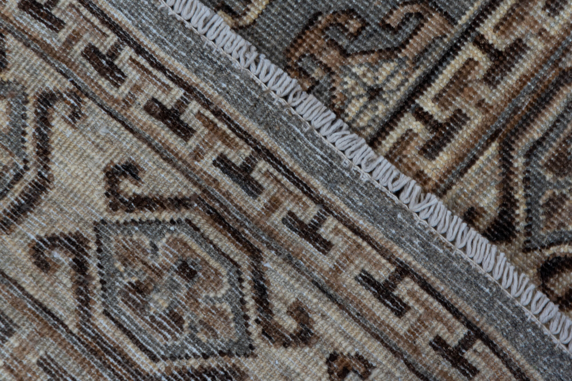 4' x 6' one-of-a-kind handmade vintage Khotan small size rug. Color palette: brown, dark gray, gray, light gray, off-white