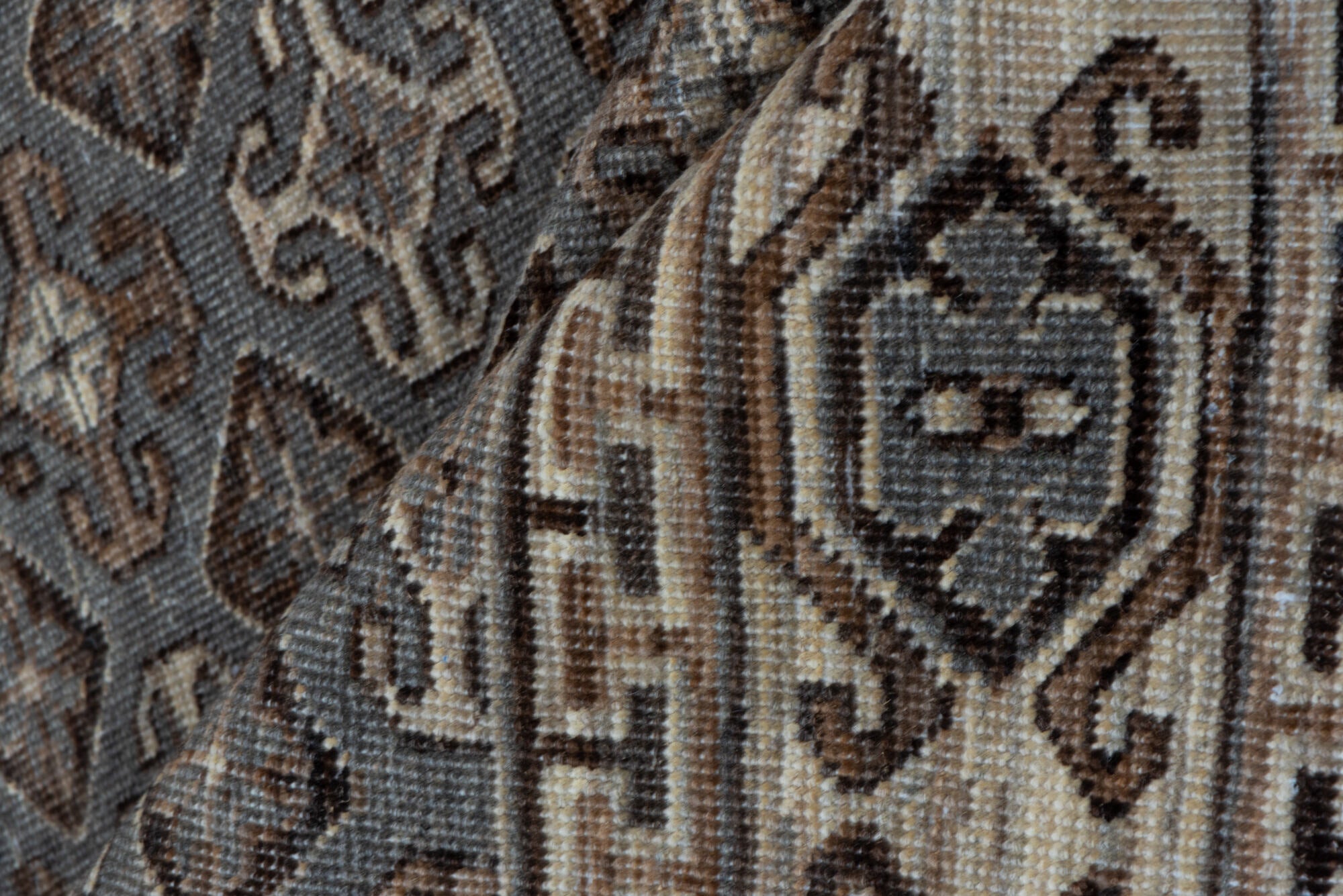 4' x 6' one-of-a-kind handmade vintage Khotan small size rug. Color palette: brown, dark gray, gray, light gray, off-white