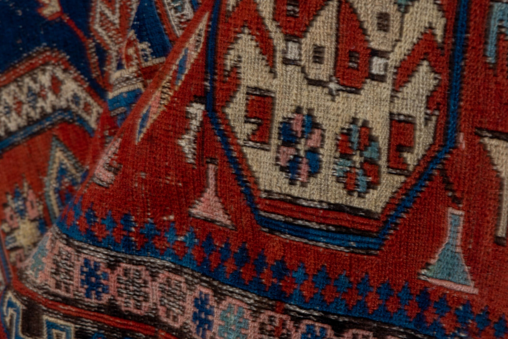 4' x 6' one-of-a-kind handmade vintage Sumak small size rug. Color palette: blue, brown, gray, light gray, pink, red