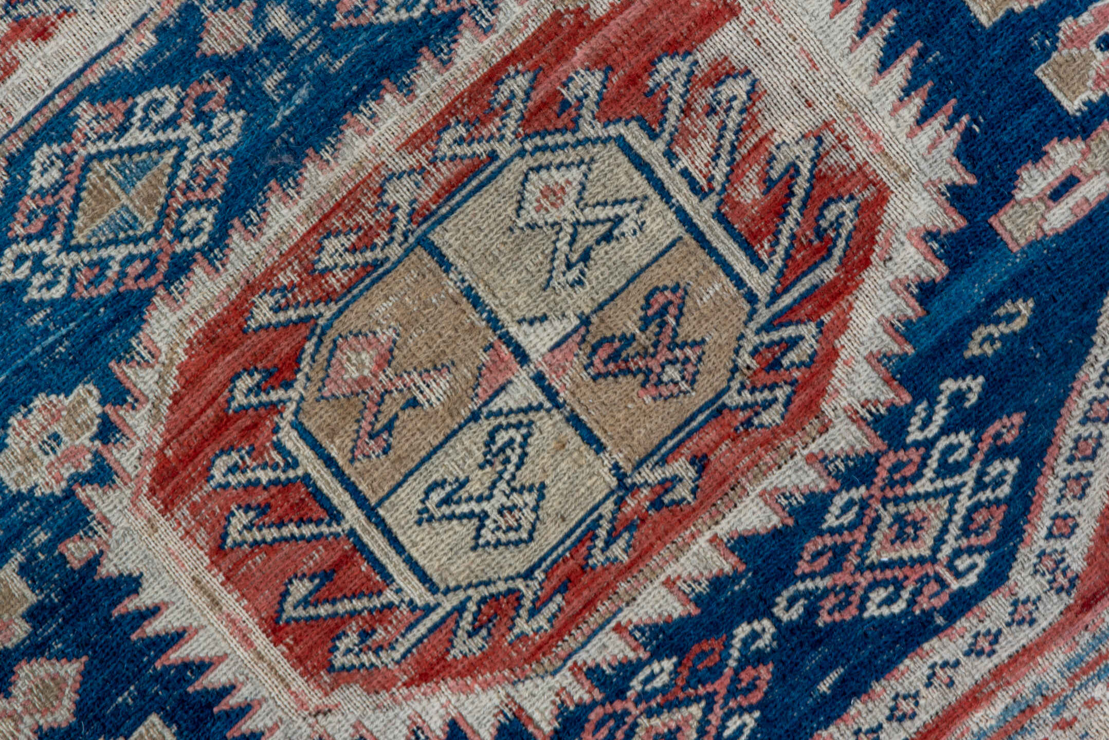 3' x 6' one-of-a-kind handmade vintage Sumak small size rug. Color palette: brown, gray, blue, pink, light gray, off-white