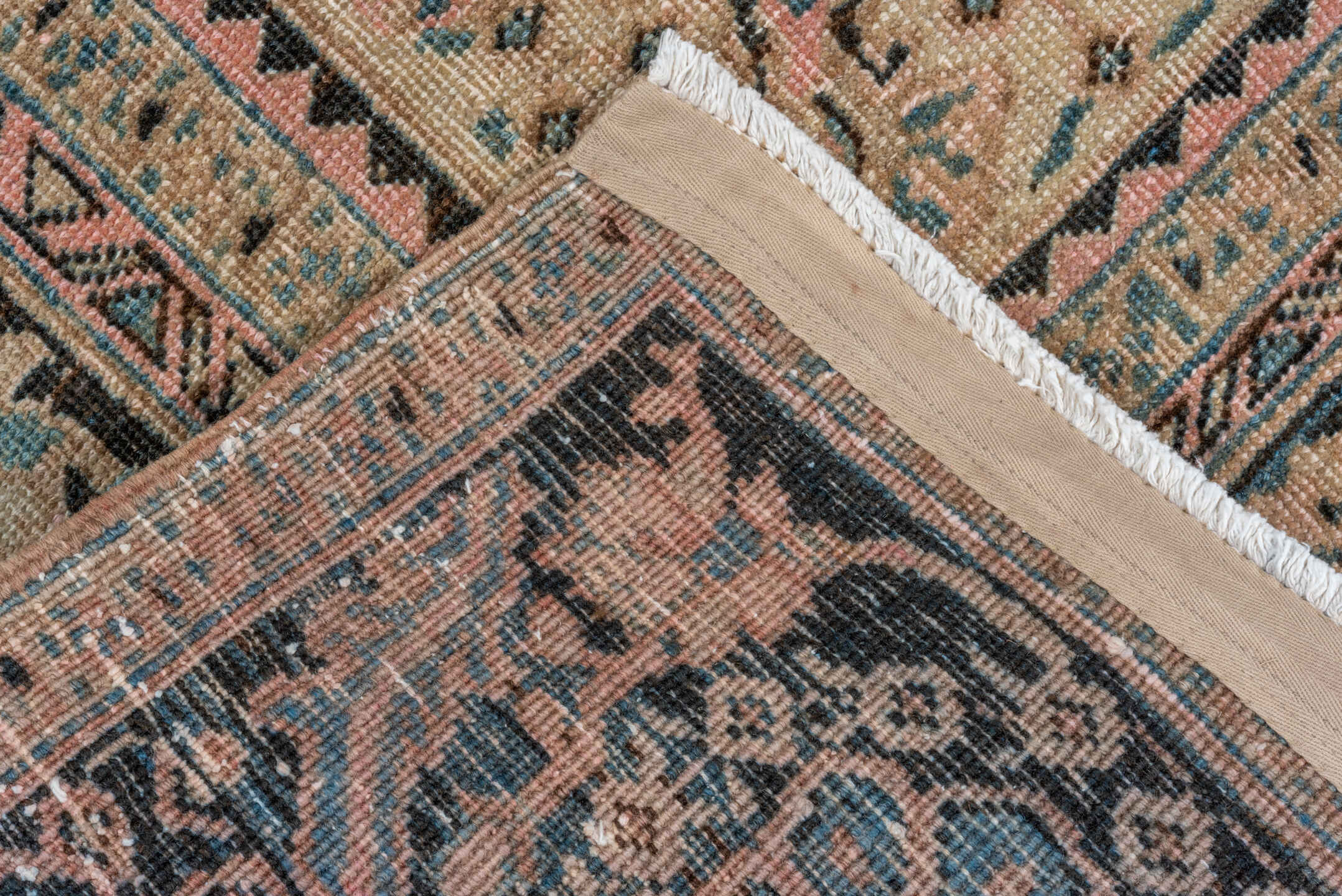 9' x 11' one-of-a-kind handmade vintage Heriz large size rug. Color palette: gray, pink, off-white, brown, black, blue