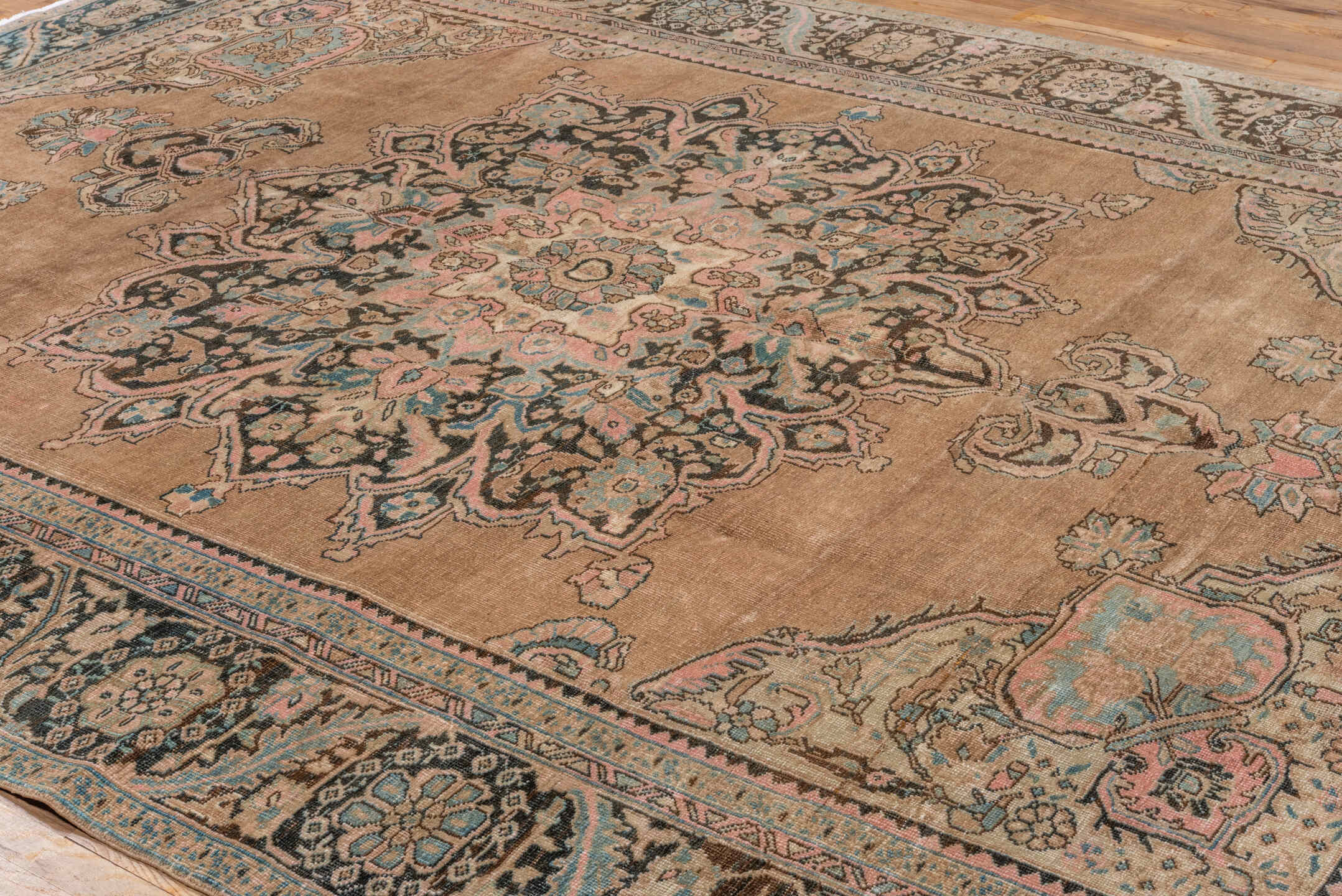 9' x 11' one-of-a-kind handmade vintage Heriz large size rug. Color palette: gray, pink, off-white, brown, black, blue