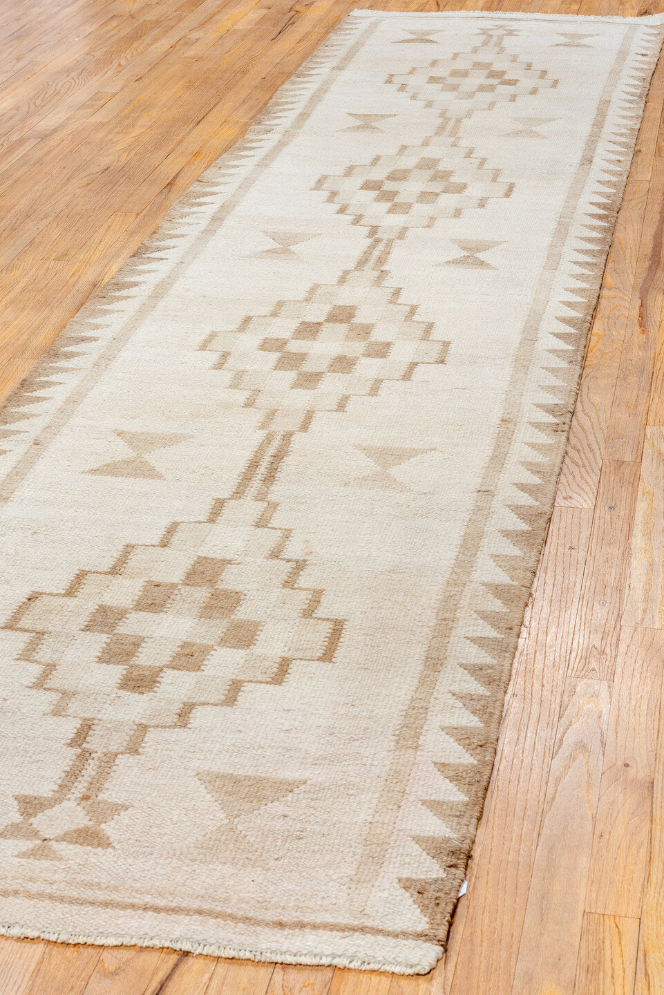 3' x 12' one-of-a-kind handmade vintage Kilim runner rug. Color palette: gray, light gray, off-white, brown, pink, orange