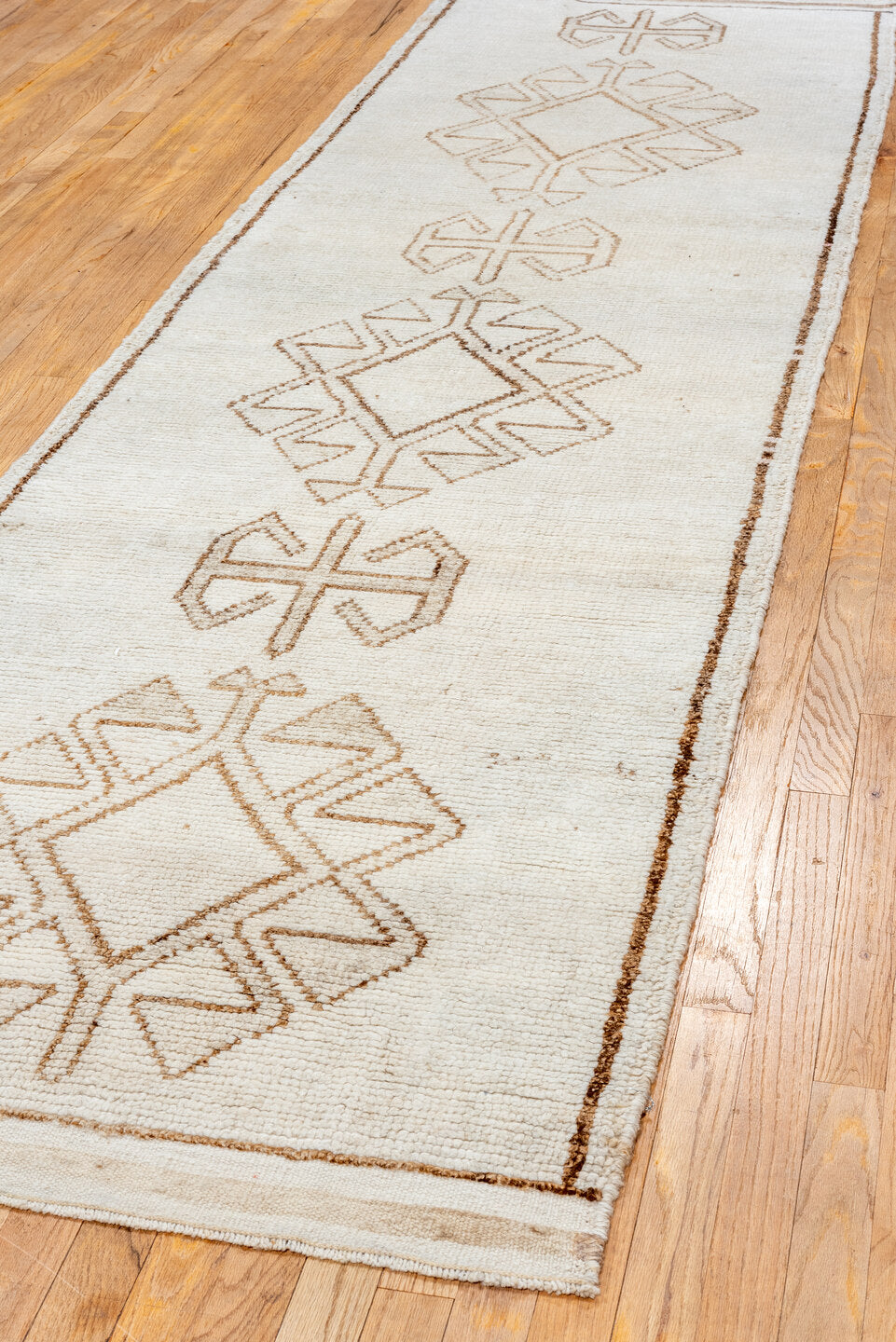 3' x 11' one-of-a-kind handmade vintage Kars runner rug. Color palette: brown, off-white, gray, light gray, pink, linen