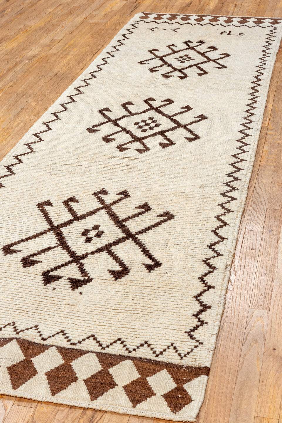 3' x 10' one-of-a-kind handmade vintage Kars runner rug. Color palette: off-white, brown, light gray, yellow, gray, pink