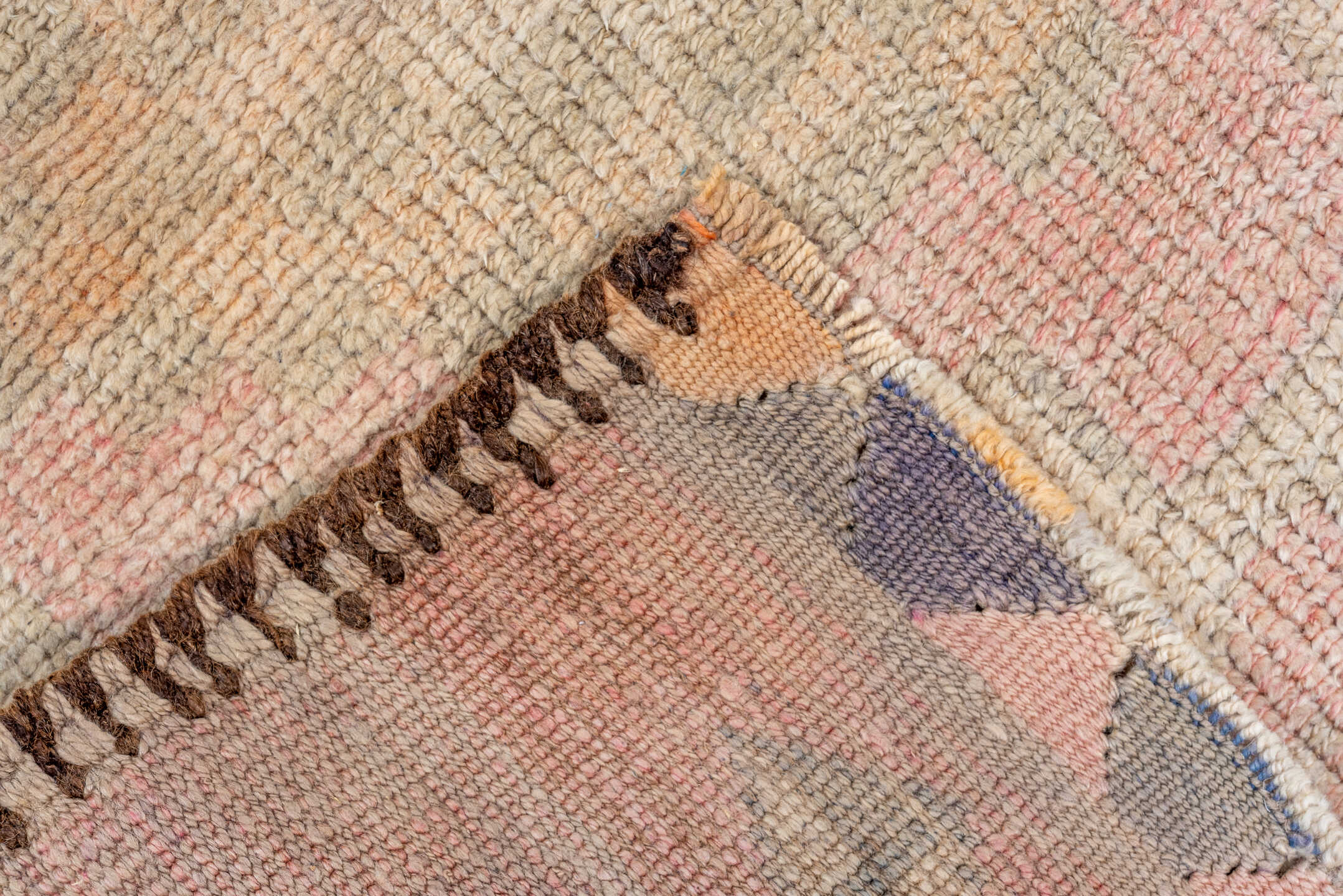 2' x 12' one-of-a-kind handmade vintage Kars runner rug. Color palette: orange, off-white, brown, pink, white, snow