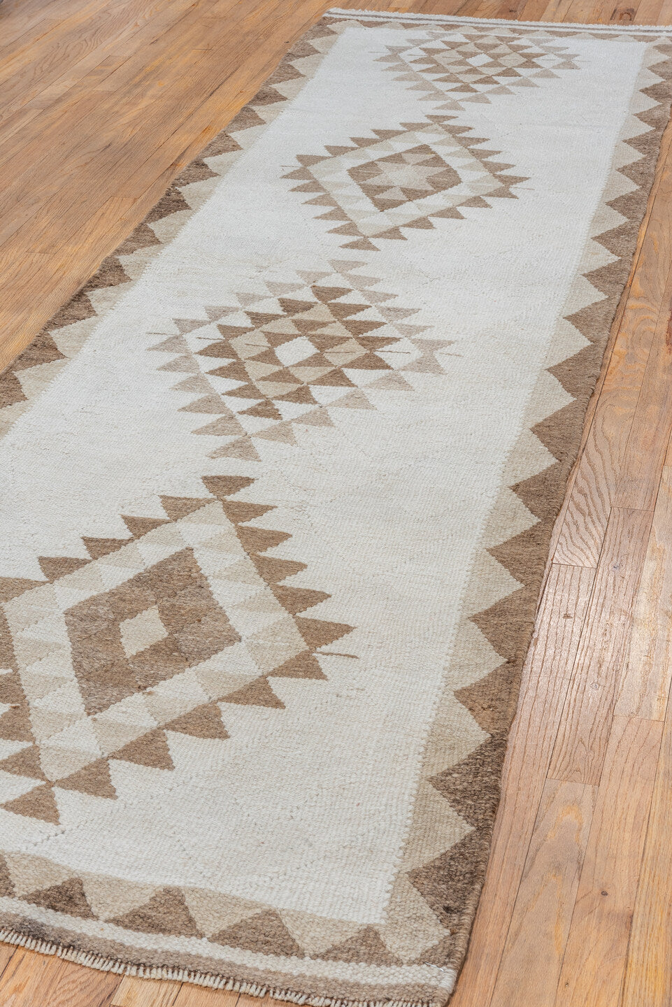 3' x 10' one-of-a-kind handmade vintage Kilim runner rug. Color palette: pink, gray, off-white, light gray, brown, gainsboro