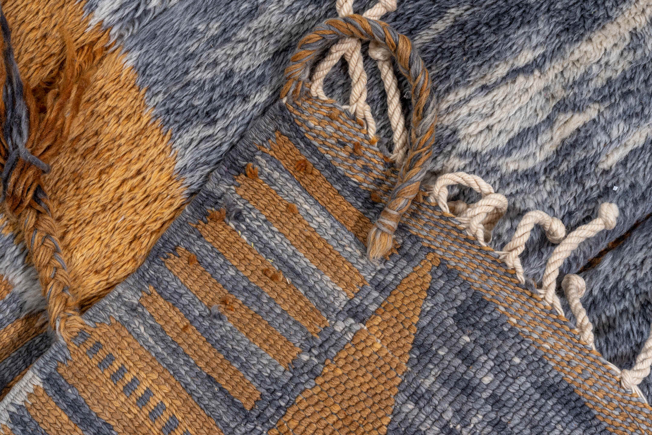 10' x 12' one-of-a-kind handmade vintage Moroccan large size rug. Color palette: brown, gray, light blue, black, light gray