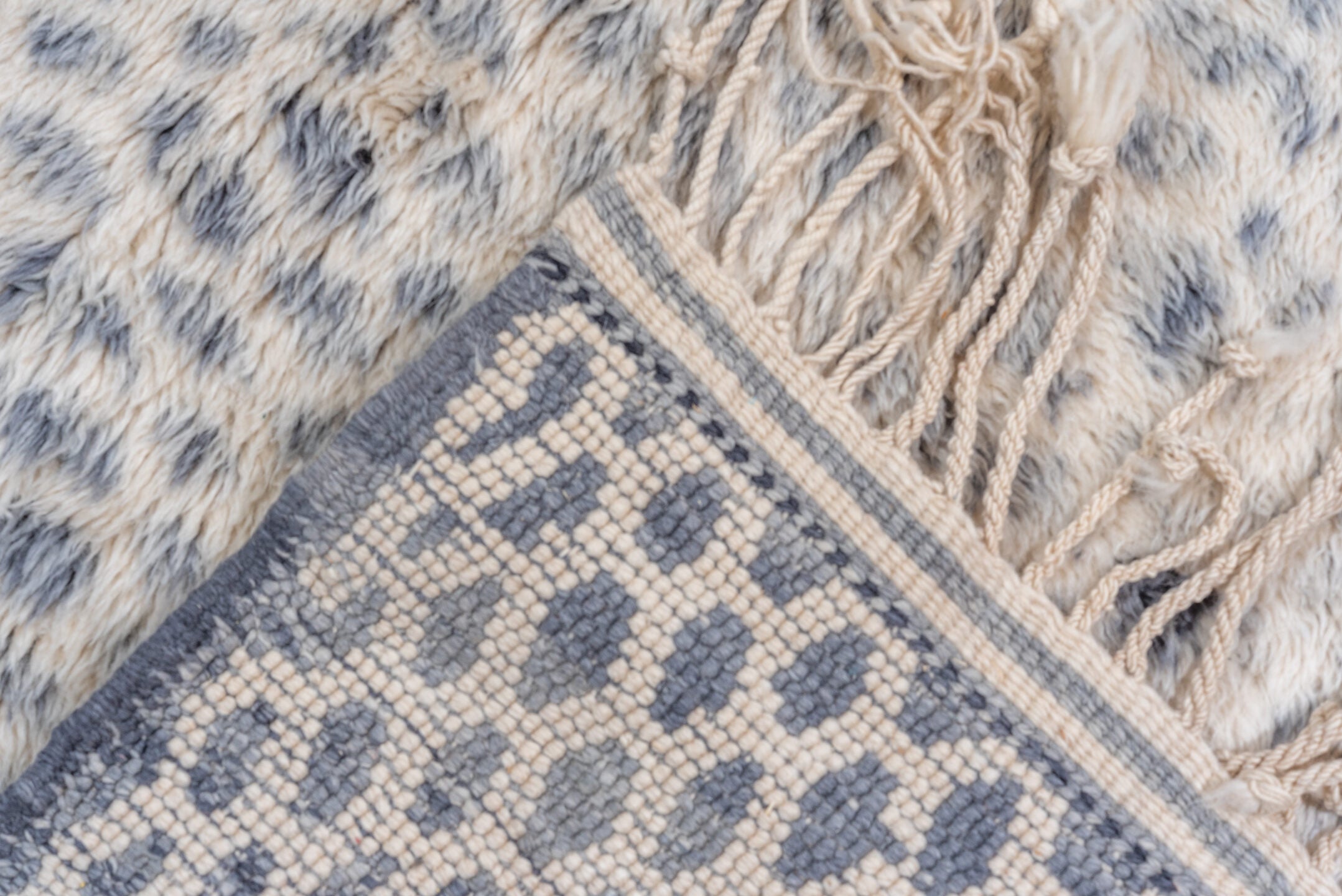 10' x 15' one-of-a-kind handmade vintage Moroccan rug. Color palette: gray, blue, off-white, light gray, black, light blue