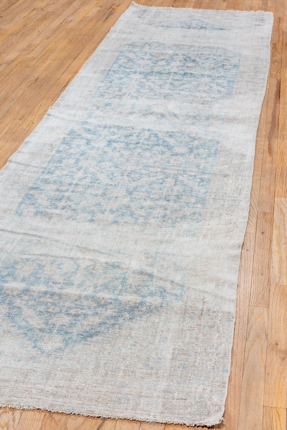 3' x 12' one-of-a-kind handmade vintage Malayer runner rug. Color palette: gray, light gray, off-white, light blue, silver