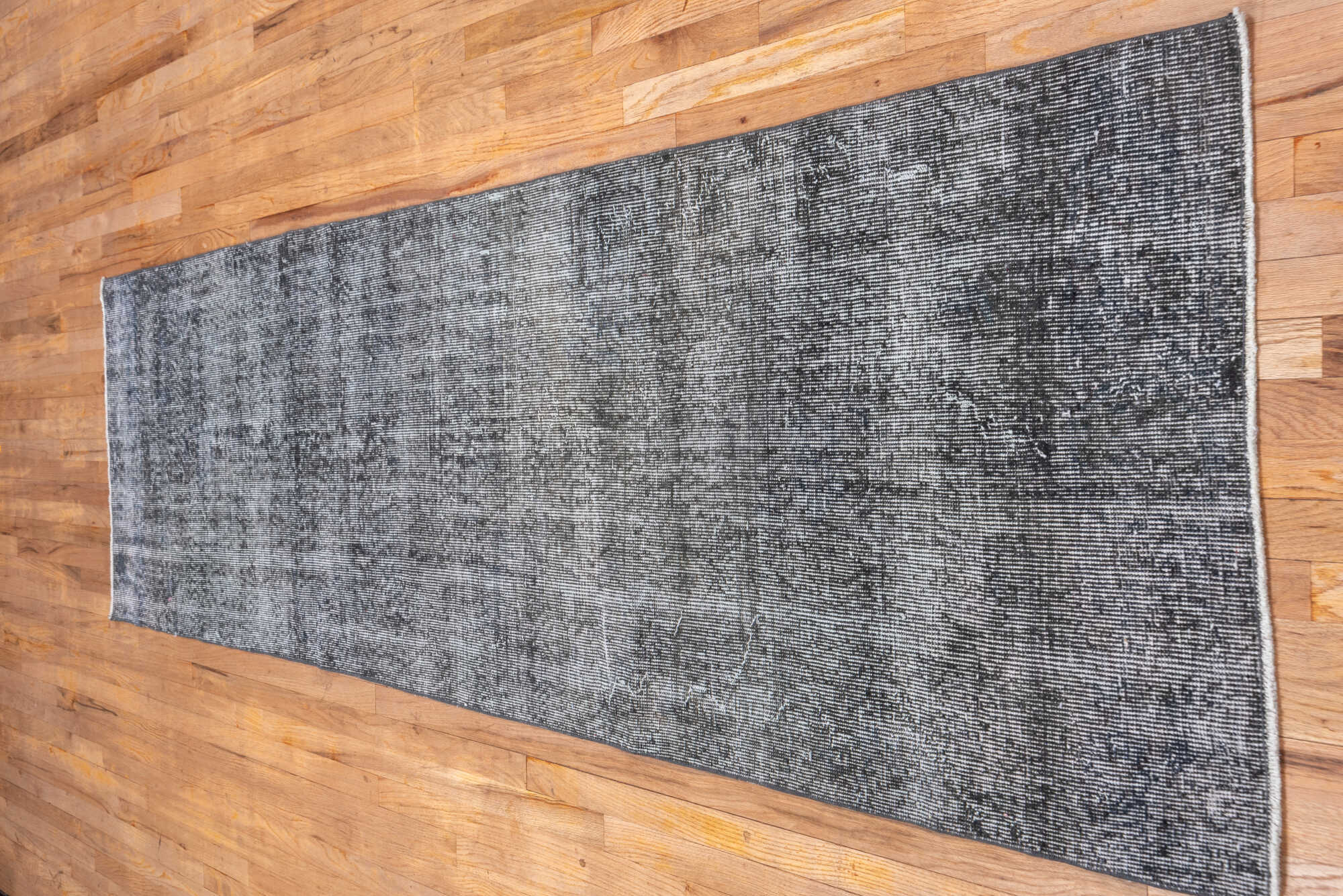 2' x 10' one-of-a-kind handmade vintage Overdyed runner rug. Color palette: black, charcoal, dark gray, dim gray, gray