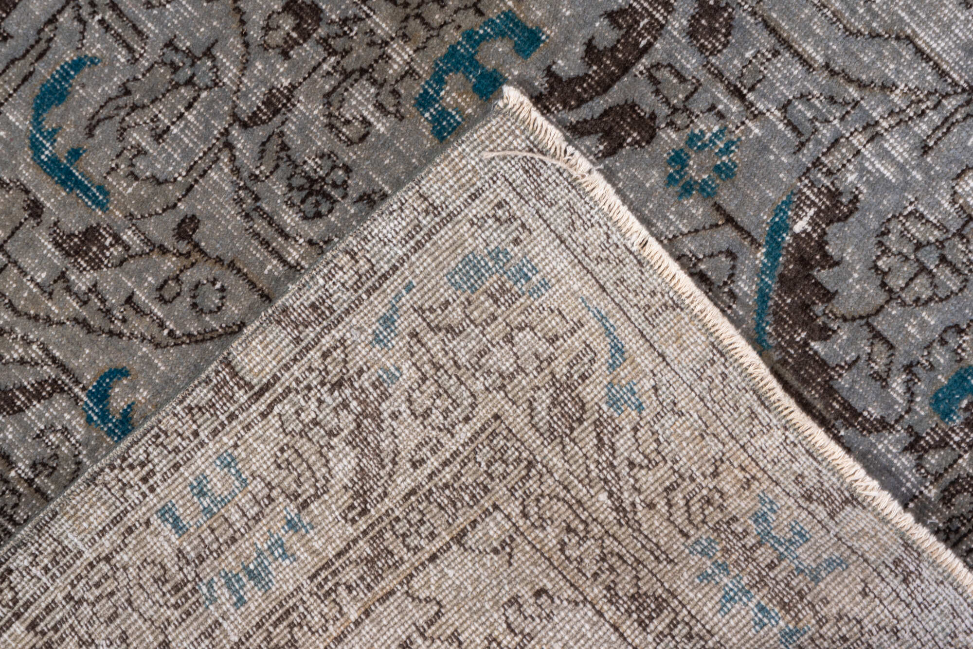 3' x 6' one-of-a-kind handmade vintage Overdyed small size rug. Color palette: blue, brown, gray, light gray, off-white