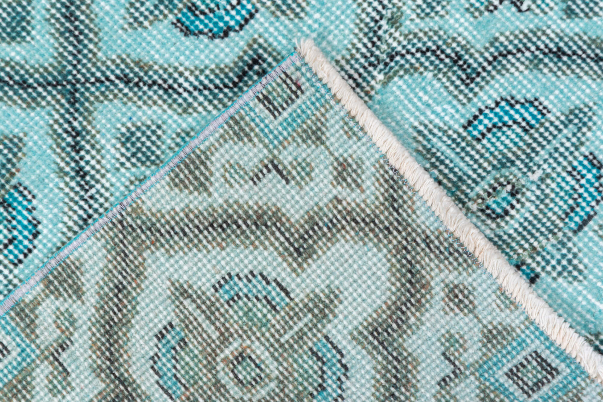 3' x 7' one-of-a-kind handmade vintage Overdyed rug. Color palette: blue, dark slate gray, gray, green, light blue