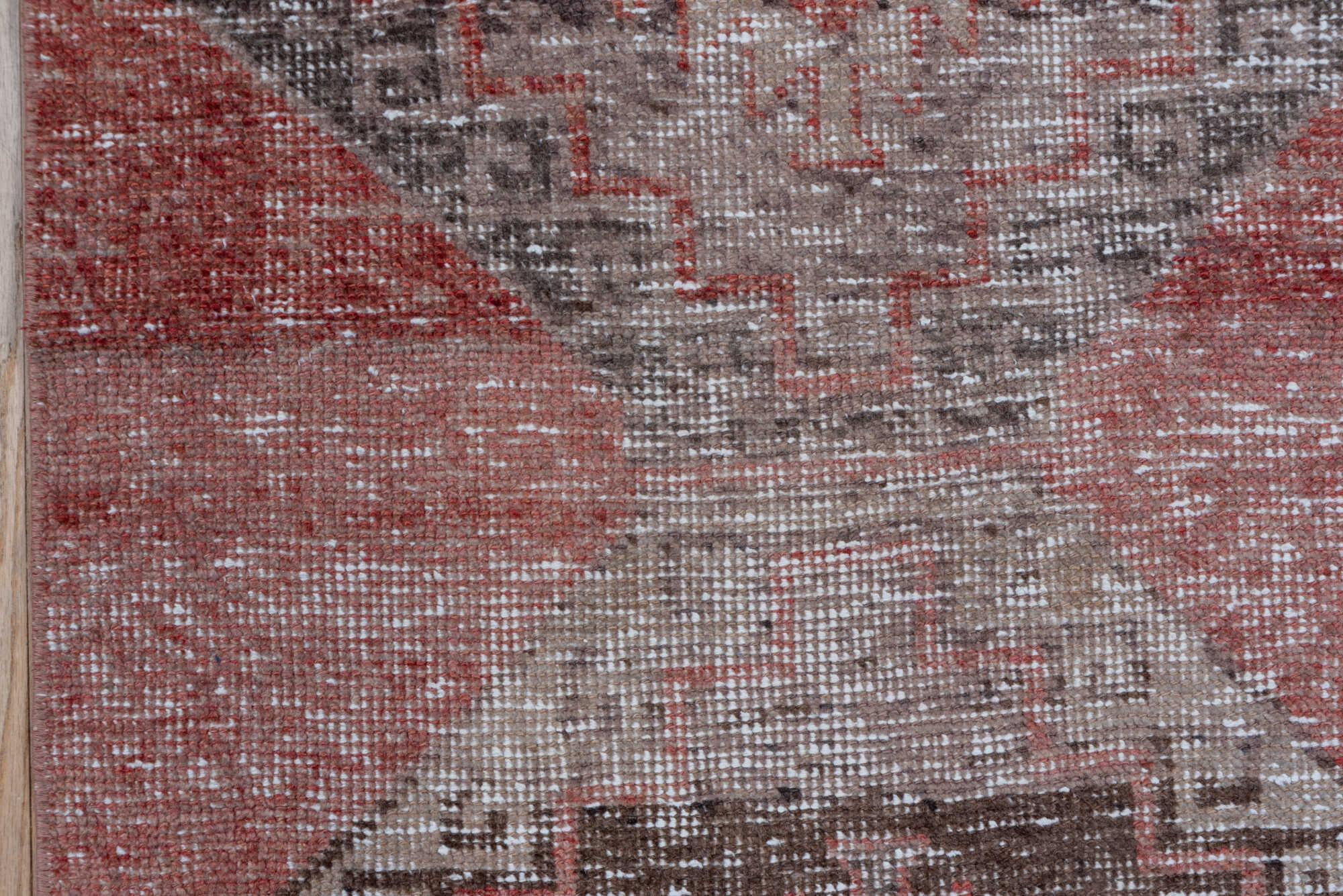 2' x 10' one-of-a-kind handmade vintage Oushak runner rug. Color palette: brown, gray, light gray, off-white, pink, red