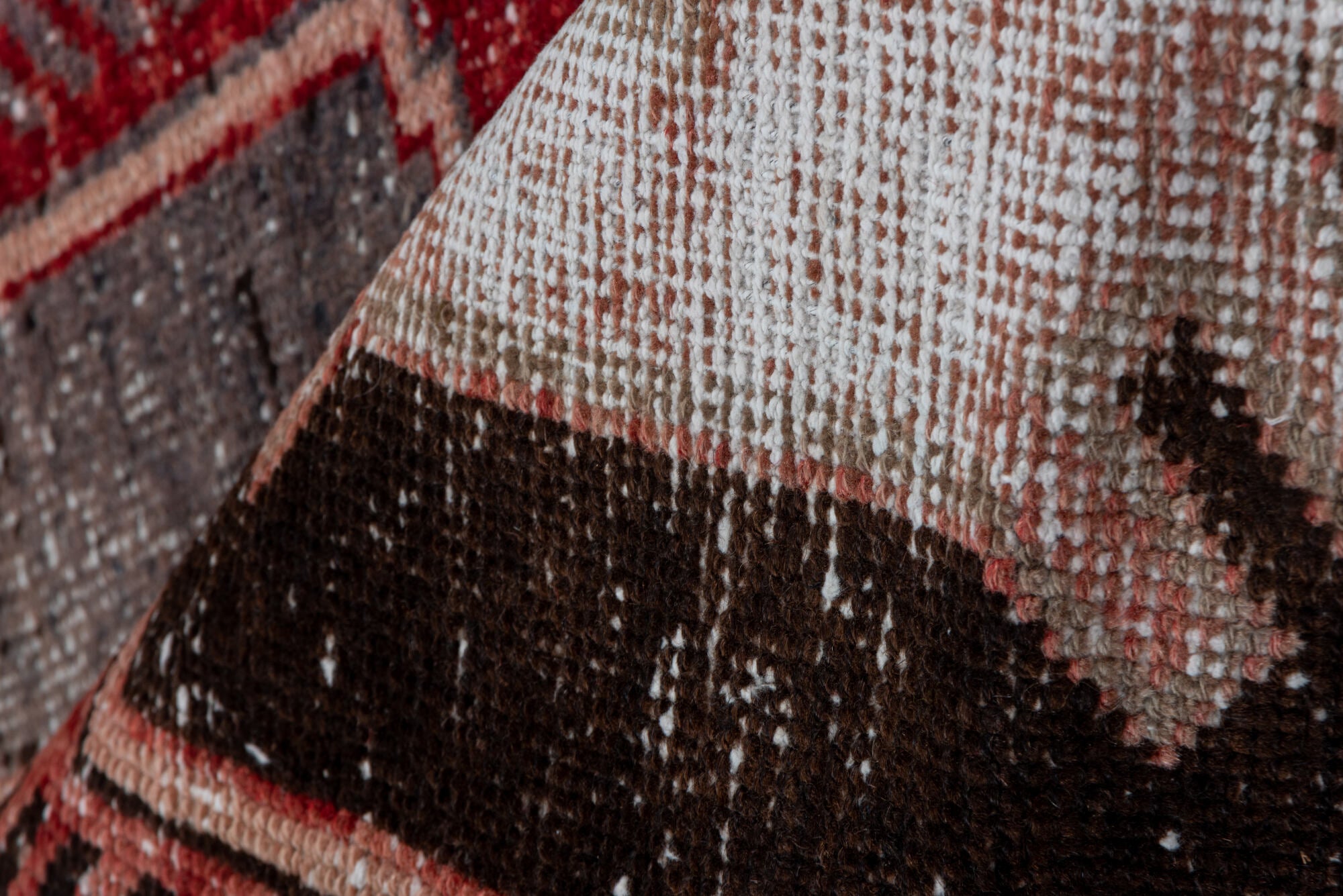 2' x 11' one-of-a-kind handmade vintage Oushak runner rug. Color palette: brown, gray, light gray, pink, red