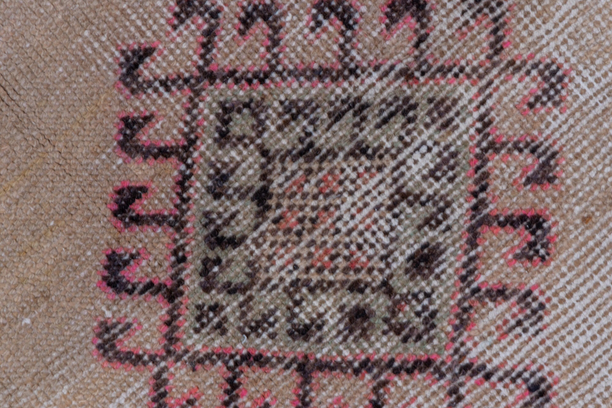 2' x 9' one-of-a-kind handmade vintage Oushak runner rug. Color palette: brown, gray, light gray, pink, red