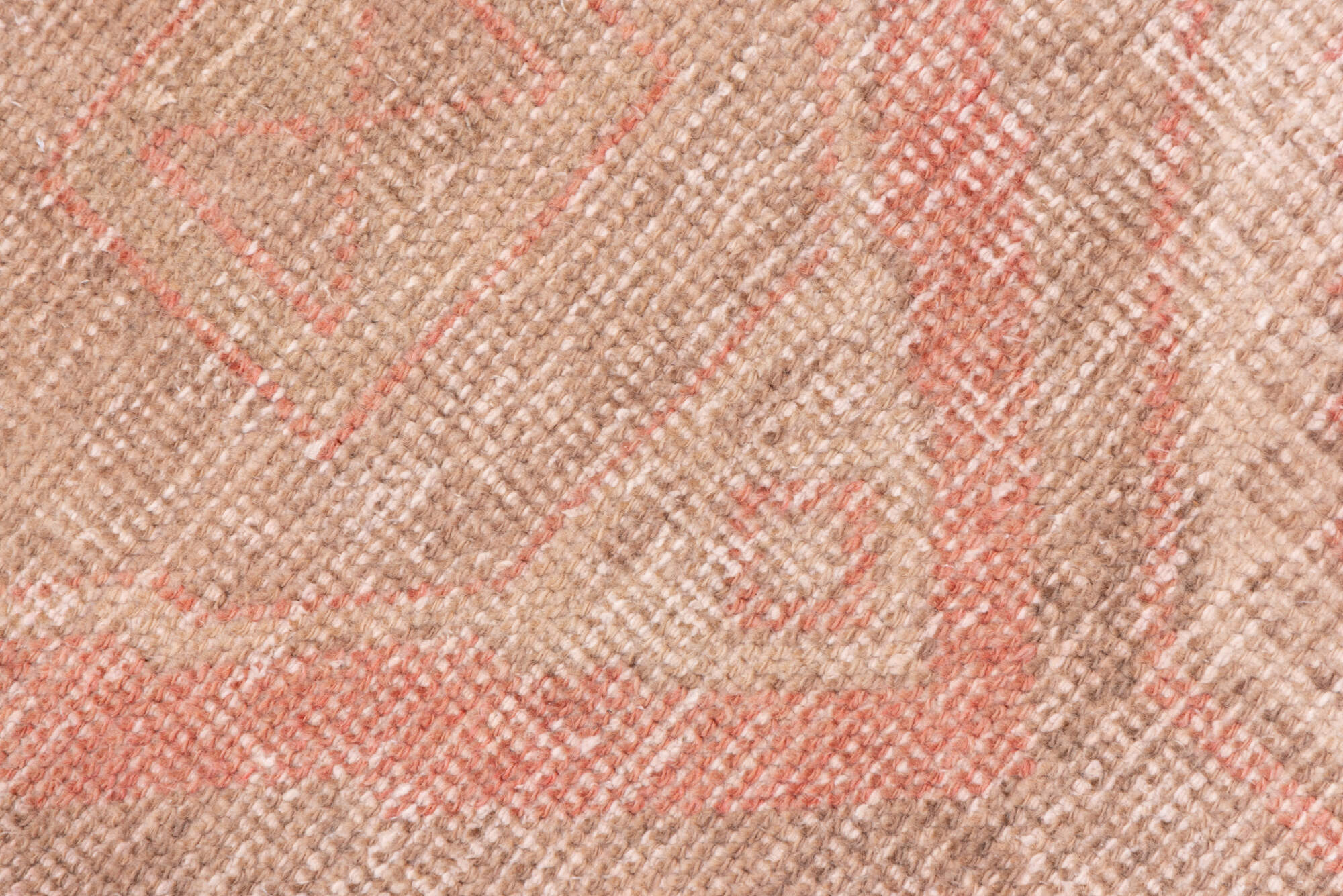 3' x 11' one-of-a-kind handmade vintage Oushak runner rug. Color palette: brown, off-white, orange, pink, snow, white