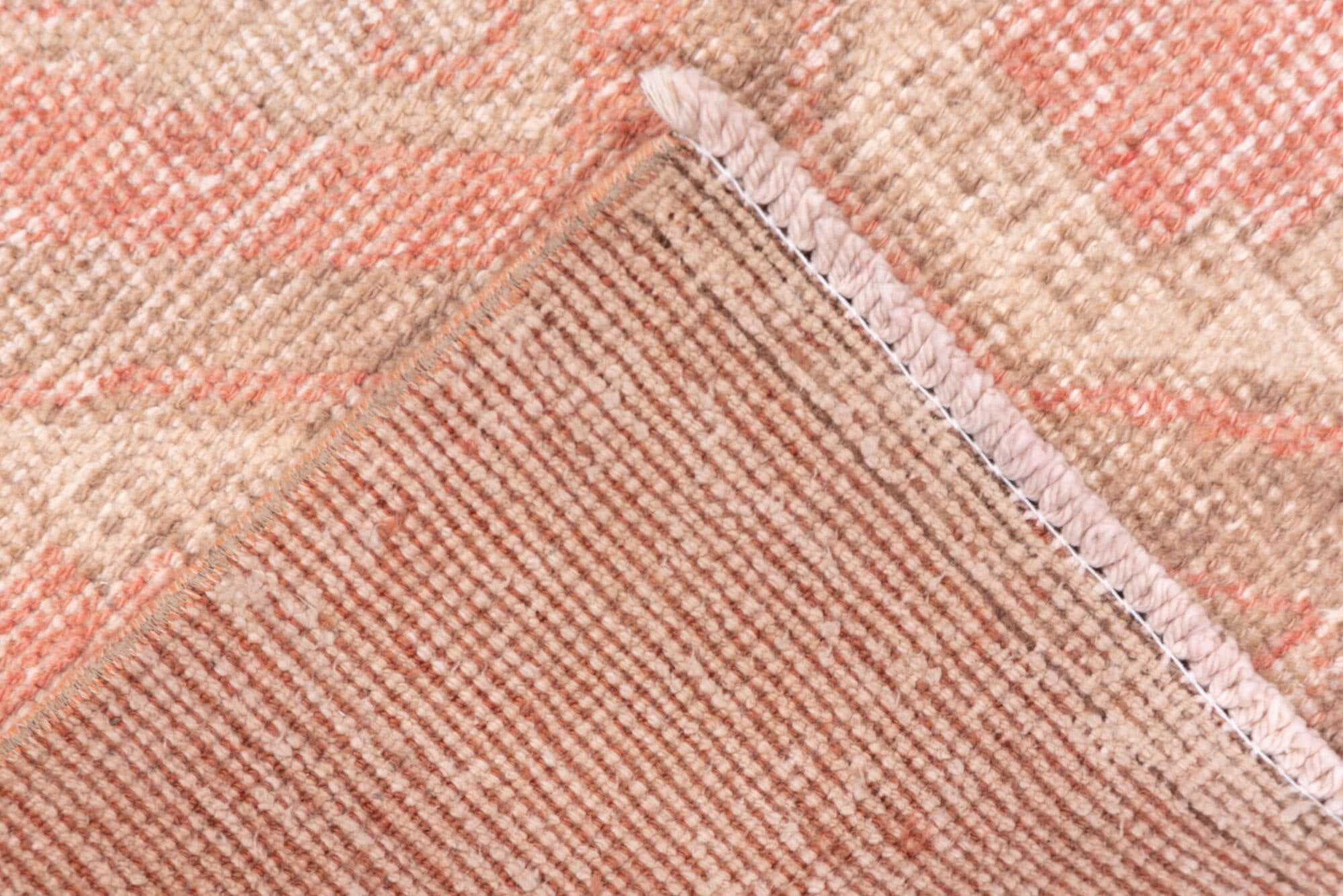 3' x 11' one-of-a-kind handmade vintage Oushak runner rug. Color palette: brown, off-white, orange, pink, snow, white