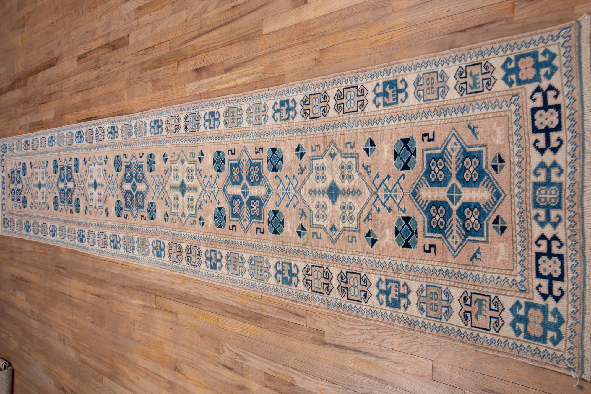 2' x 15' one-of-a-kind handmade vintage Oushak runner rug. Color palette: blue, brown, fiord, gray, light gray, off-white