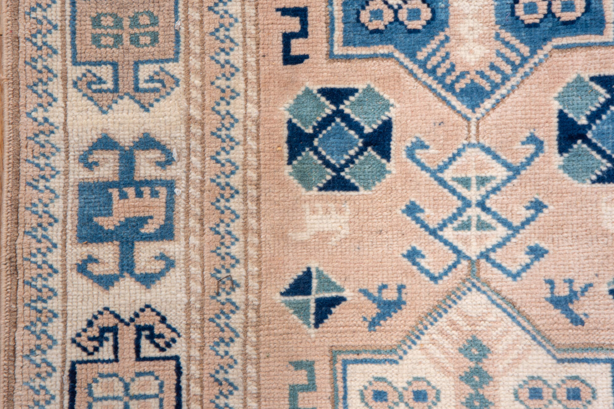 2' x 15' one-of-a-kind handmade vintage Oushak runner rug. Color palette: blue, brown, fiord, gray, light gray, off-white