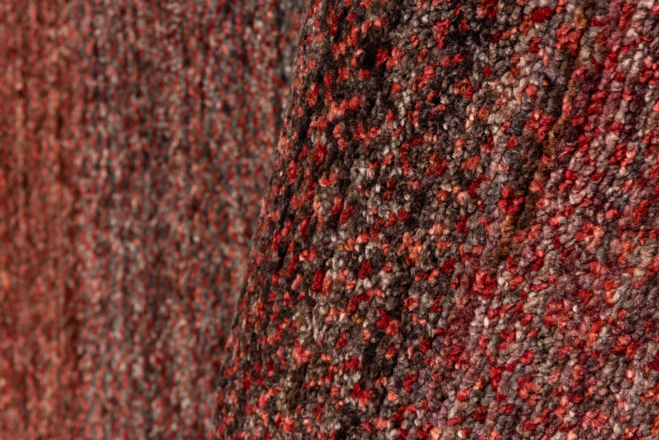 2' x 10' one-of-a-kind handmade vintage Gabbe runner rug. Color palette: brown, pink, gray, off-white, white, snow