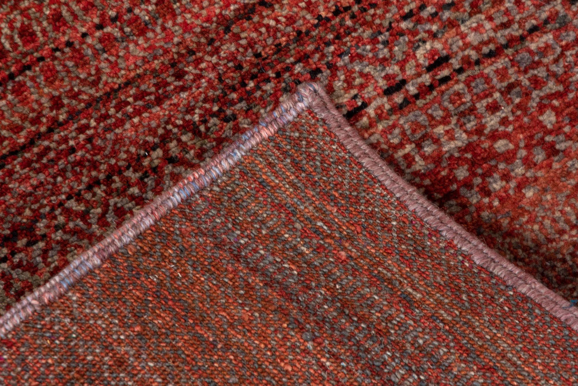 2' x 10' one-of-a-kind handmade vintage Gabbe runner rug. Color palette: brown, off-white, pink, red, redwood, snow, white