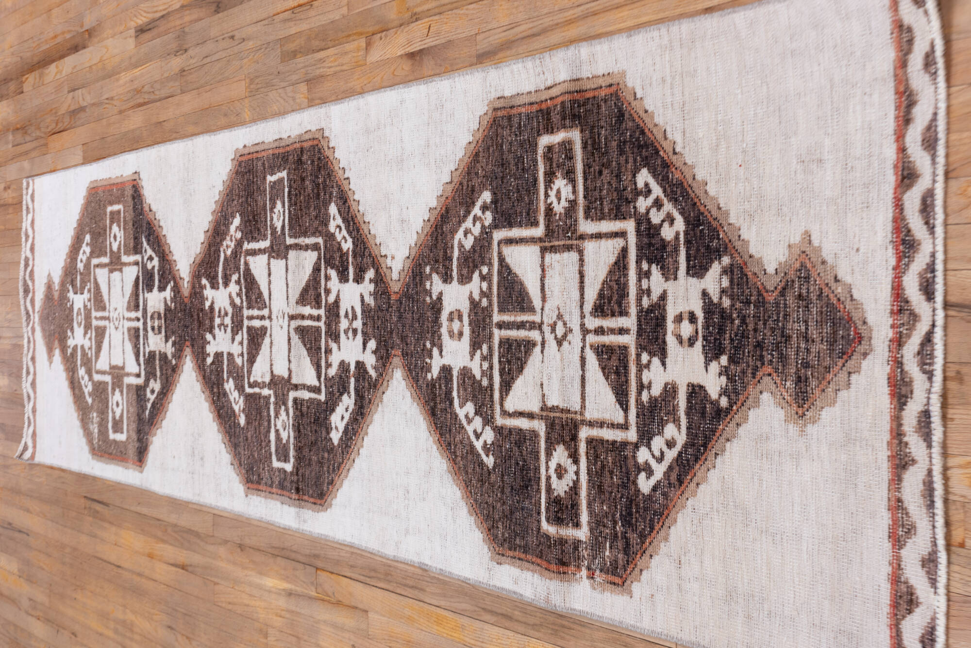 3' x 11' one-of-a-kind handmade vintage Oushak runner rug. Color palette: brown, gray, light gray, off-white, pink, silver