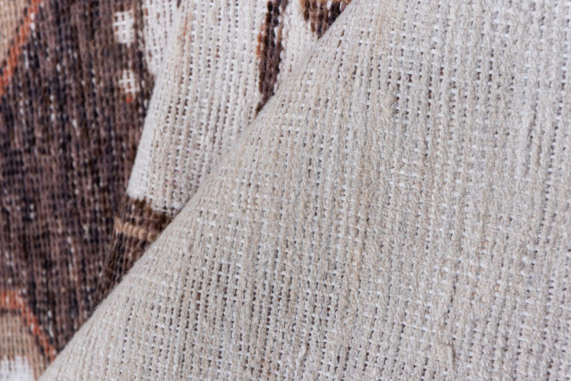 3' x 11' one-of-a-kind handmade vintage Oushak runner rug. Color palette: brown, gray, light gray, off-white, pink, silver