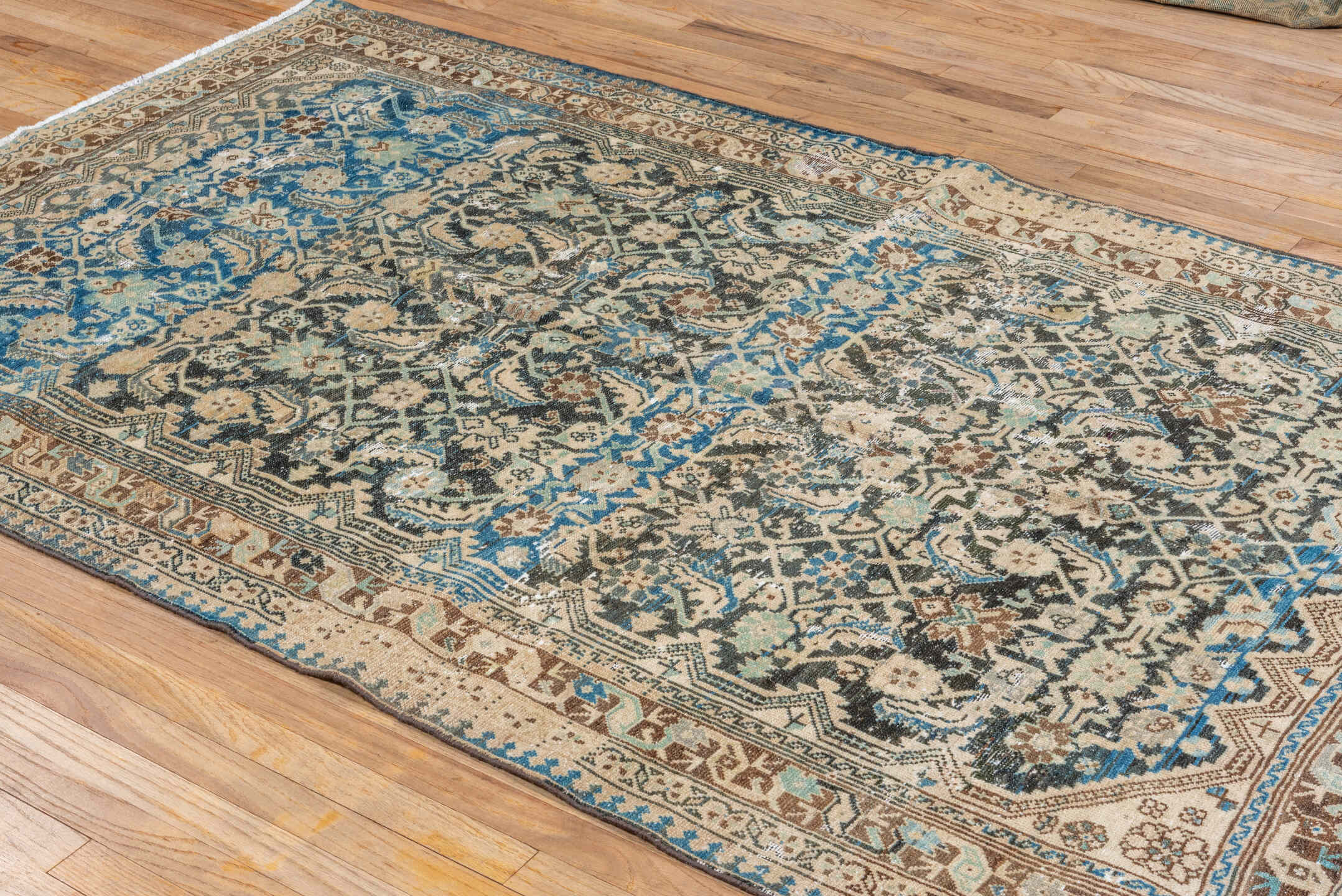 4' x 8' one-of-a-kind handmade vintage Malayer rug. Color palette: gray, blue, brown, light gray, orange, off-white, black